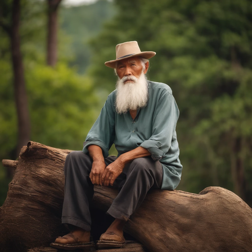 Rural old man, big white beard, Sit on a stump, Thoughtful and lost expressions, Wise Old Chinese.