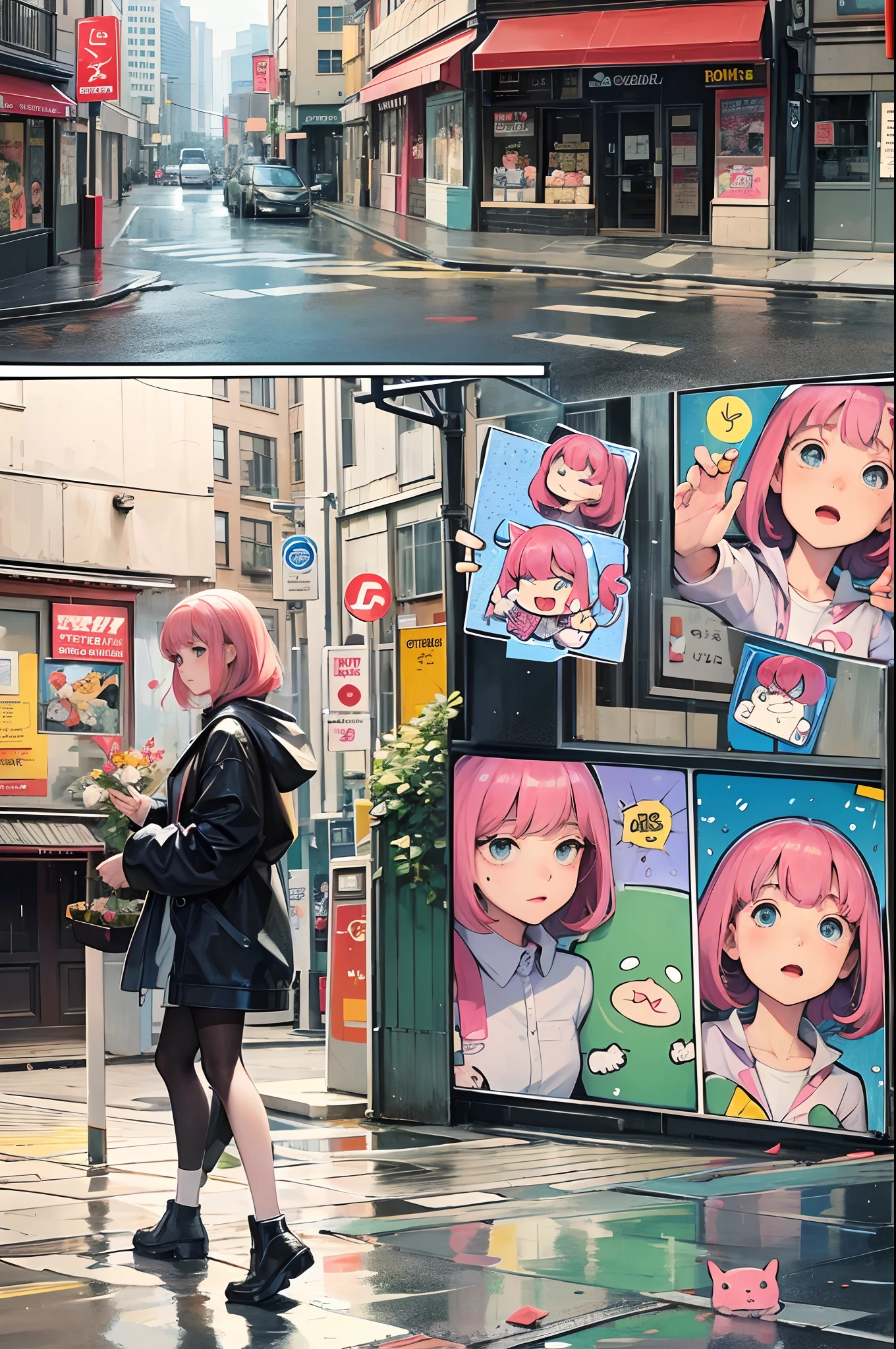 comic strip,Cartoon Split(4 or 5 or 6 tiles),Storyboard,Kittens looking for food on the side of the street,raining day,water bloom,standing water