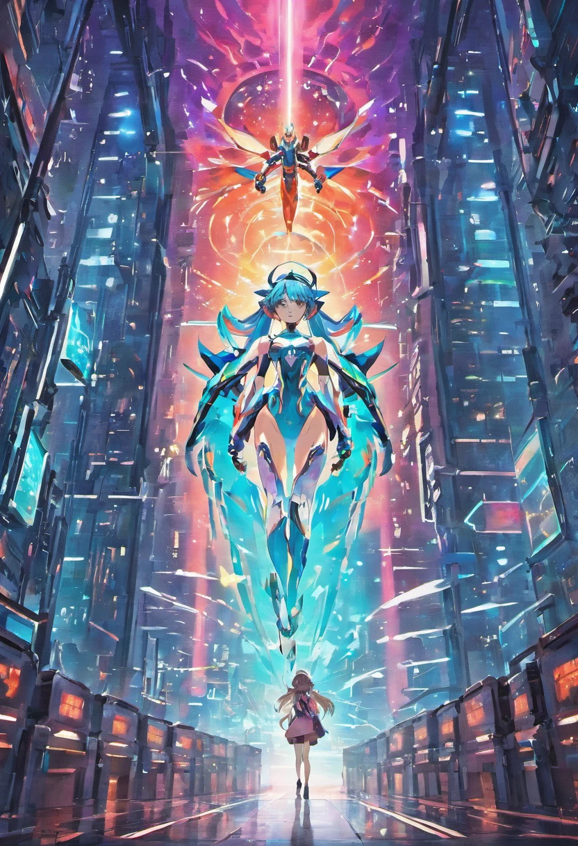 Create a stunning image for a science fiction movie. The scene should portray a futuristic and technological setting, with tall and bright skyscrapers, Flying vehicles and holograms