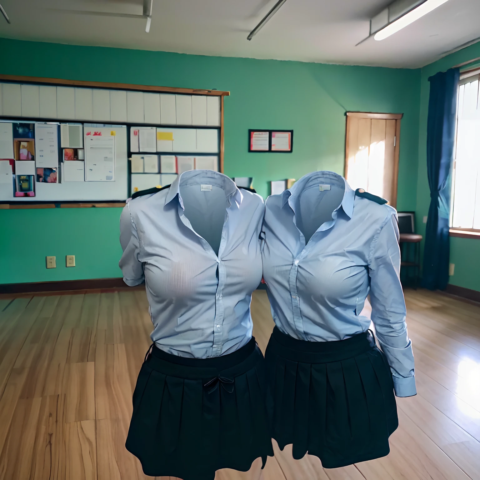 2 girls hug each other, school uniform in classroom, ((invisible, no humans:1.5, headless:1.5, handless, legless)), (big breast), (close-up to breast),
(8k, RAW photo, best quality, masterpiece:1.2), (realistic, photo-realistic:1.37),photon mapping, radiosity, ((Hasselblad photography)),physically-based rendering,