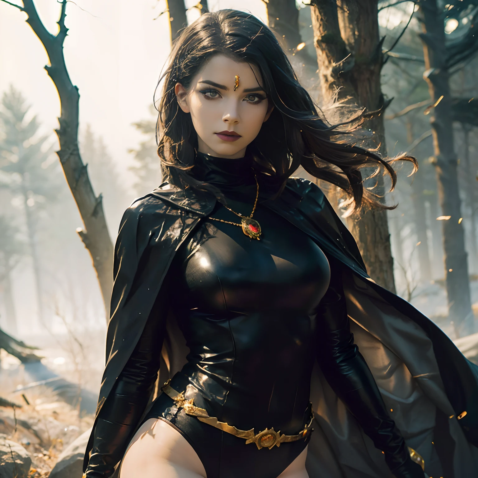 enjinight as 1girl, cowboy shot of rvn, hotraven, pale skin, black leotard, turtleneck, tights, cape, glowing eyes, gold belt, jewels, medallion, athletic, looking at viewer, night, dark forest, mist, fog, volumetric lighting, best quality, masterpiece, intricate details, tonemapping, sharp focus, hyper detailed, realistic