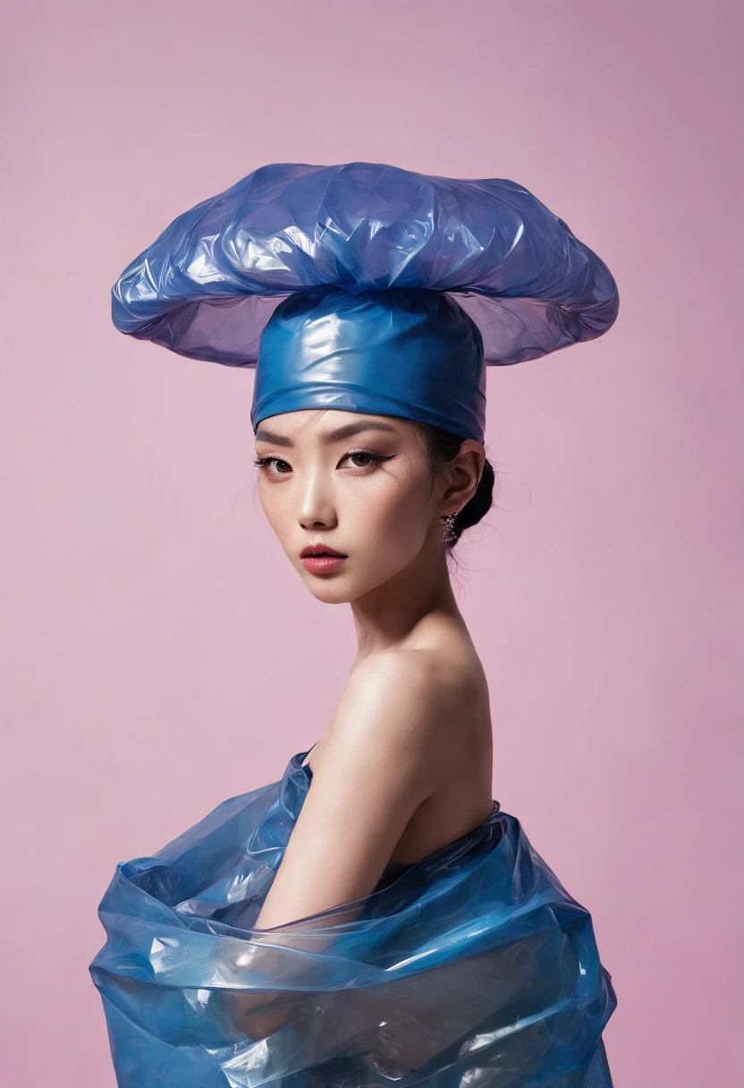 editorial fashion, south east asian woman, weird hairstyle, model, covered plastic bag, plastic bag, plastic, striking pose, surrealism, harsh lighting, perfect composition, symmetry, detailed, plastic hat, vibrant background