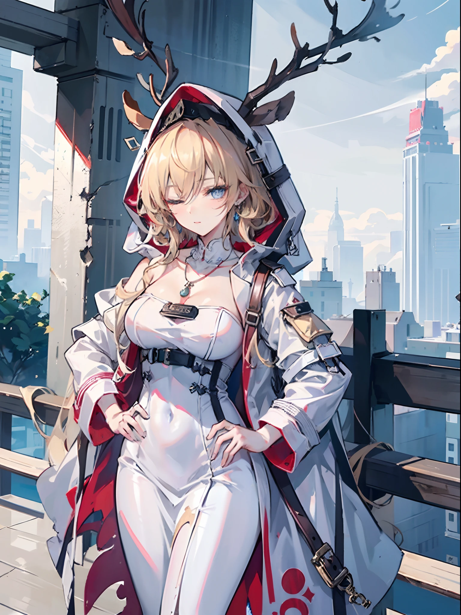 1girll, Solo, Lai Shangchengan, blond hairbl， Blue eyes, jewelry, bow, White dress, purple jacket, pendant, Earrings, Hat, standing, hand on hips, view the viewer, One eye closed, Outdoors, City