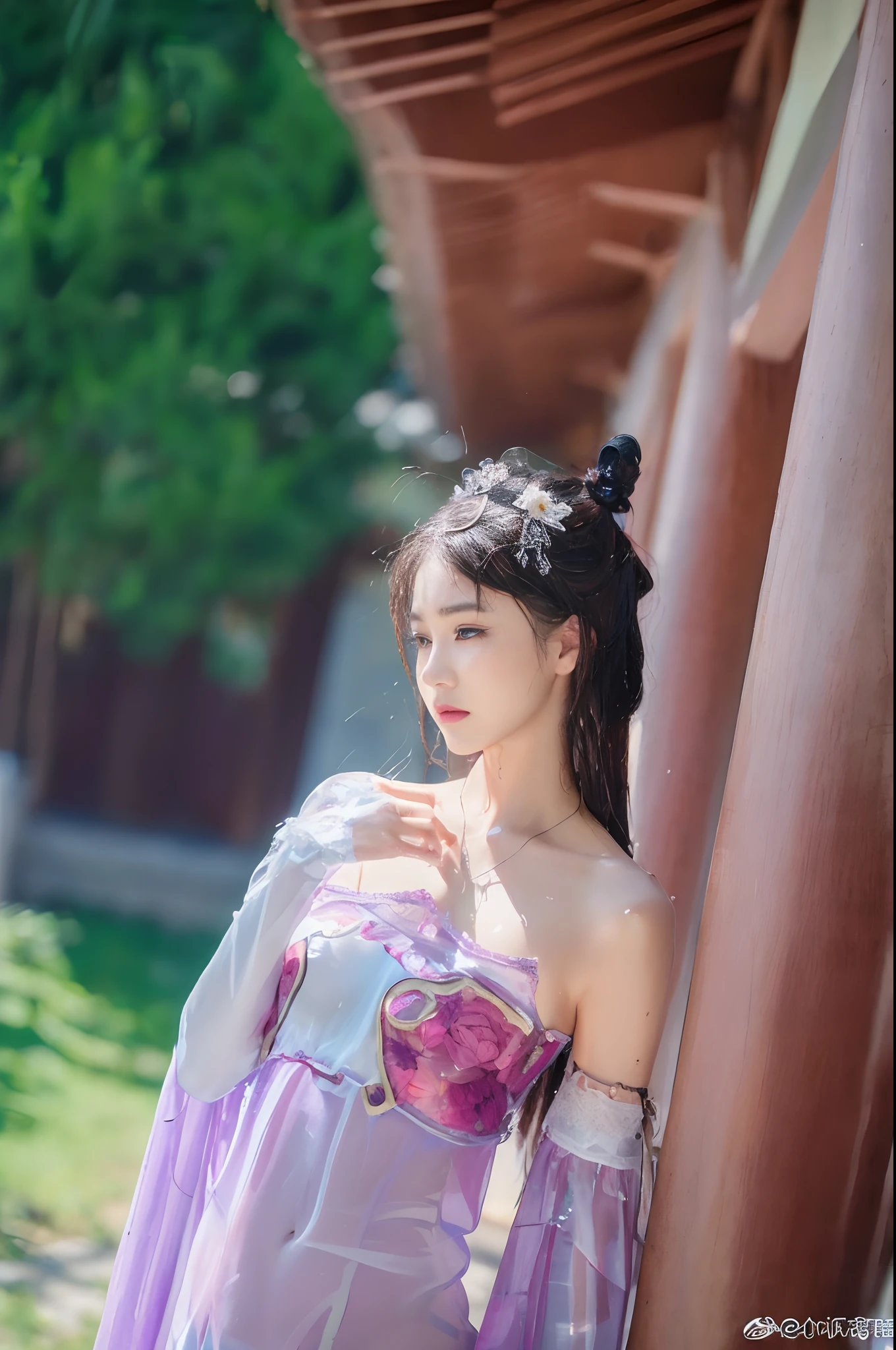 Close-up of woman in costume,Beautiful celestial magician,Amazing young ethereal figure,shaxi,Flowing magic robe,White Hanfu,xianxia fantasy,belle delphine,Ethereal fantasy,Elegant and charming role play,Half lying on the ground,Feminine and colorful,It's a mess,Night view,Lots of neon