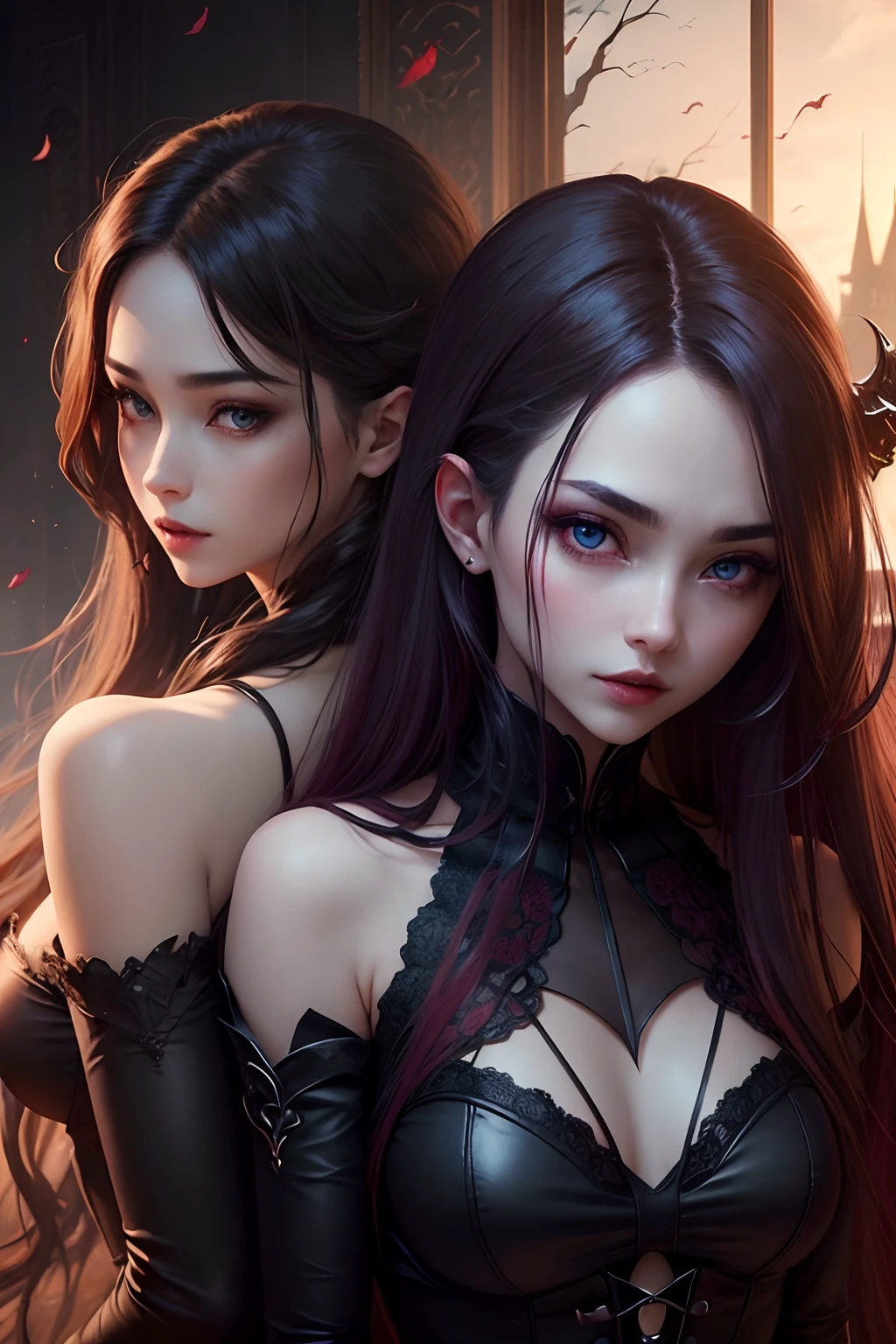vampire、Vampires、Hell、demon realm、Demons、The Darkness、Beautuful Women、Beautiful、Beautiful eyes、Ultimate Balance、Perfect balance、masterpiece、- Perrealistic、Picturesque beauty、Very delicate and complex、good looks