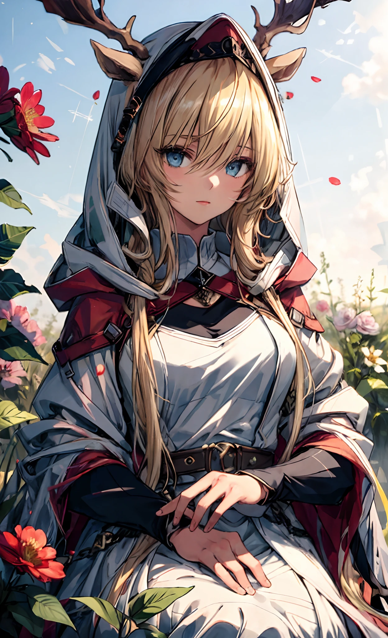 "(Best quality, Masterpiece:1.2), 1 girl with long blonde hair sitting in a field of greenery and flowers, her hand under her chin, Warm lighting, White dress, blurryforeground"