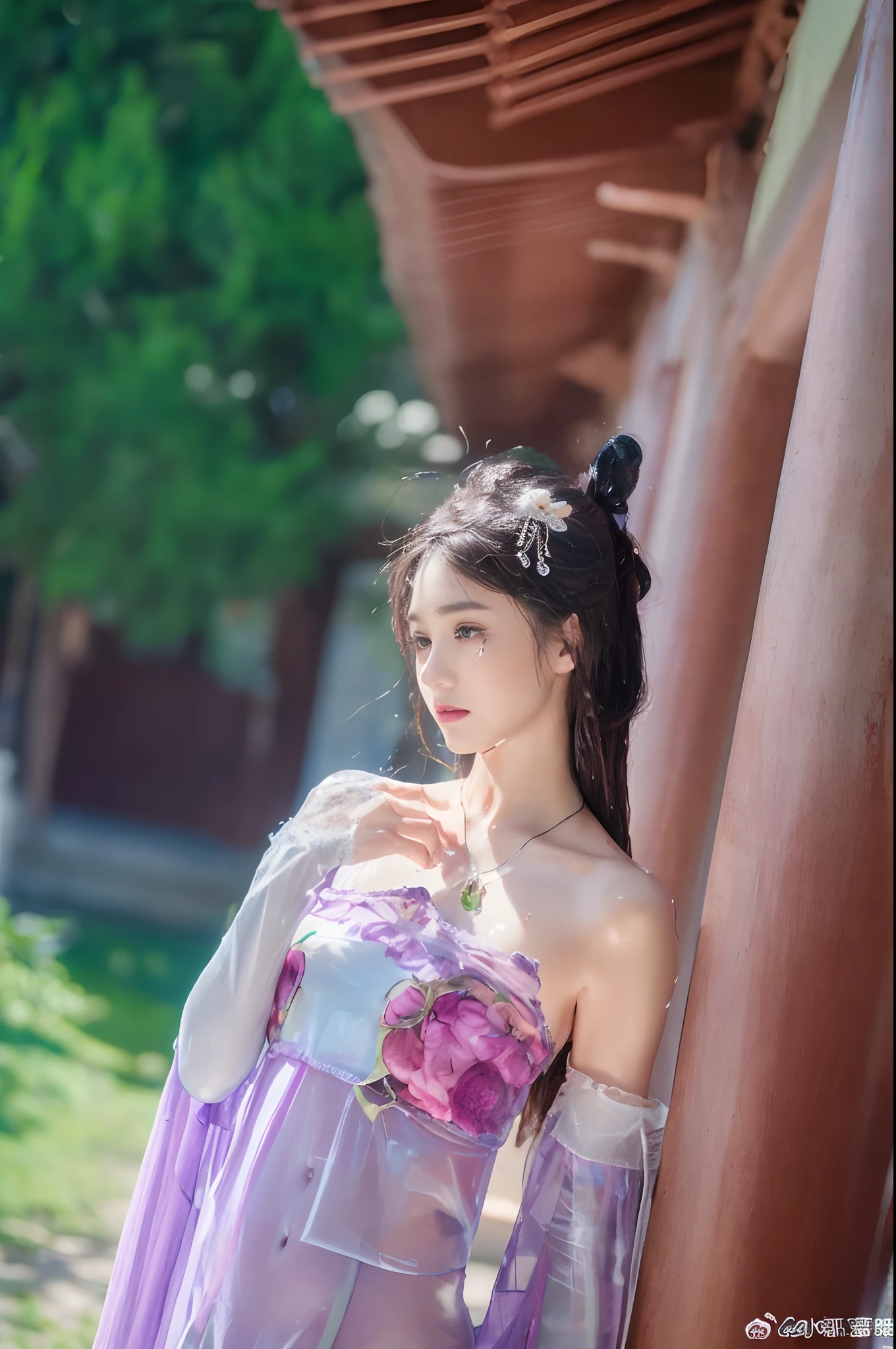 ((Best quality, 8k, Masterpiece :1.3)), A pretty woman with perfect figure :1.4, Slender abs :1.3, (wet transparent T-shirt:1.4) , small white lace bra , ((Dark brown hair, Big breasts :1.2)), Lying on hammock, Hammock, Highly detailed face and skin texture, Detailed eyes, Double eyelid