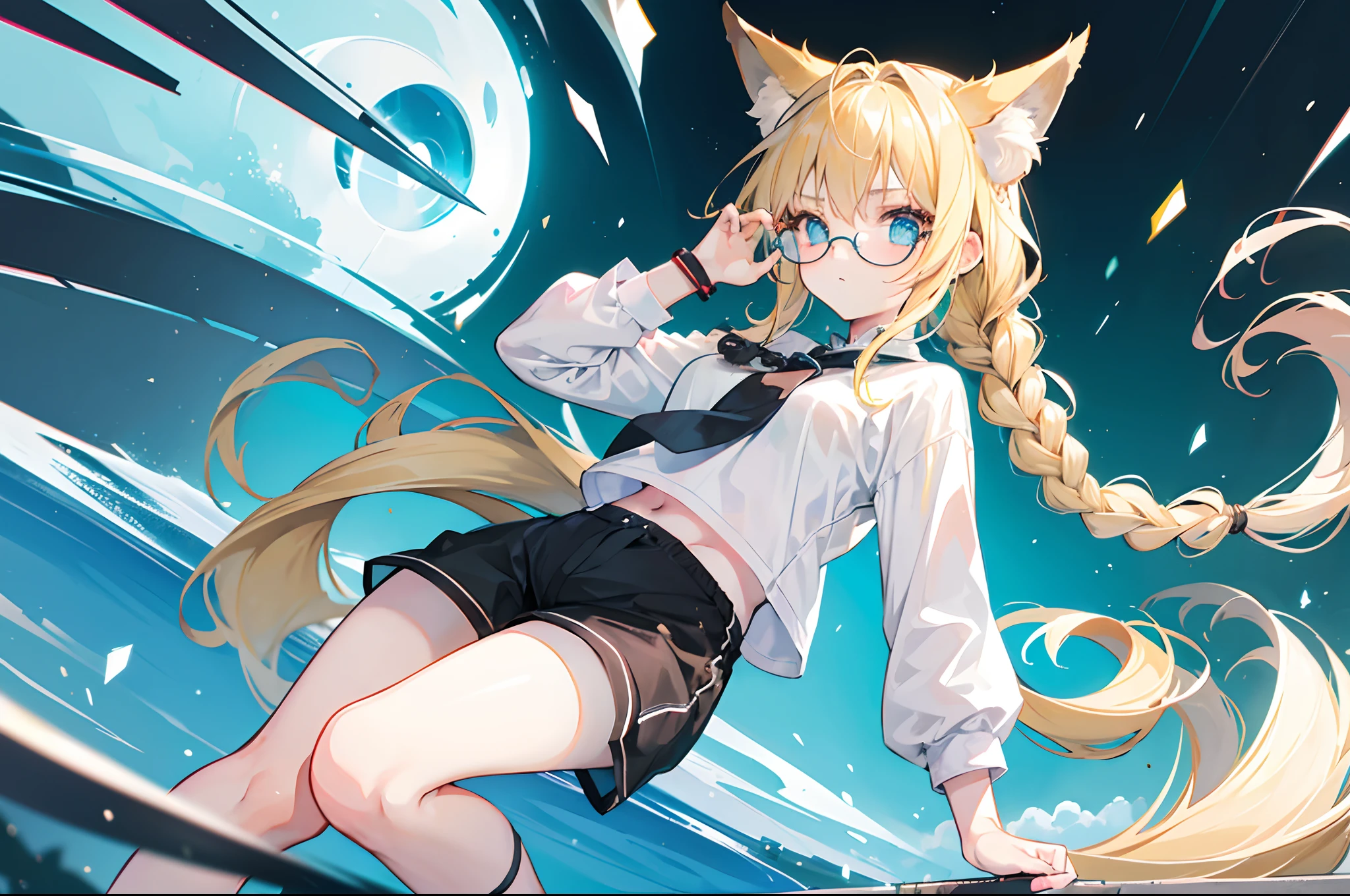 18-year-old blonde girl, Turquoise eyes, long-haired, Left Braid, eye glasses. Wear a white shirt......, Black shorts with fox tail.