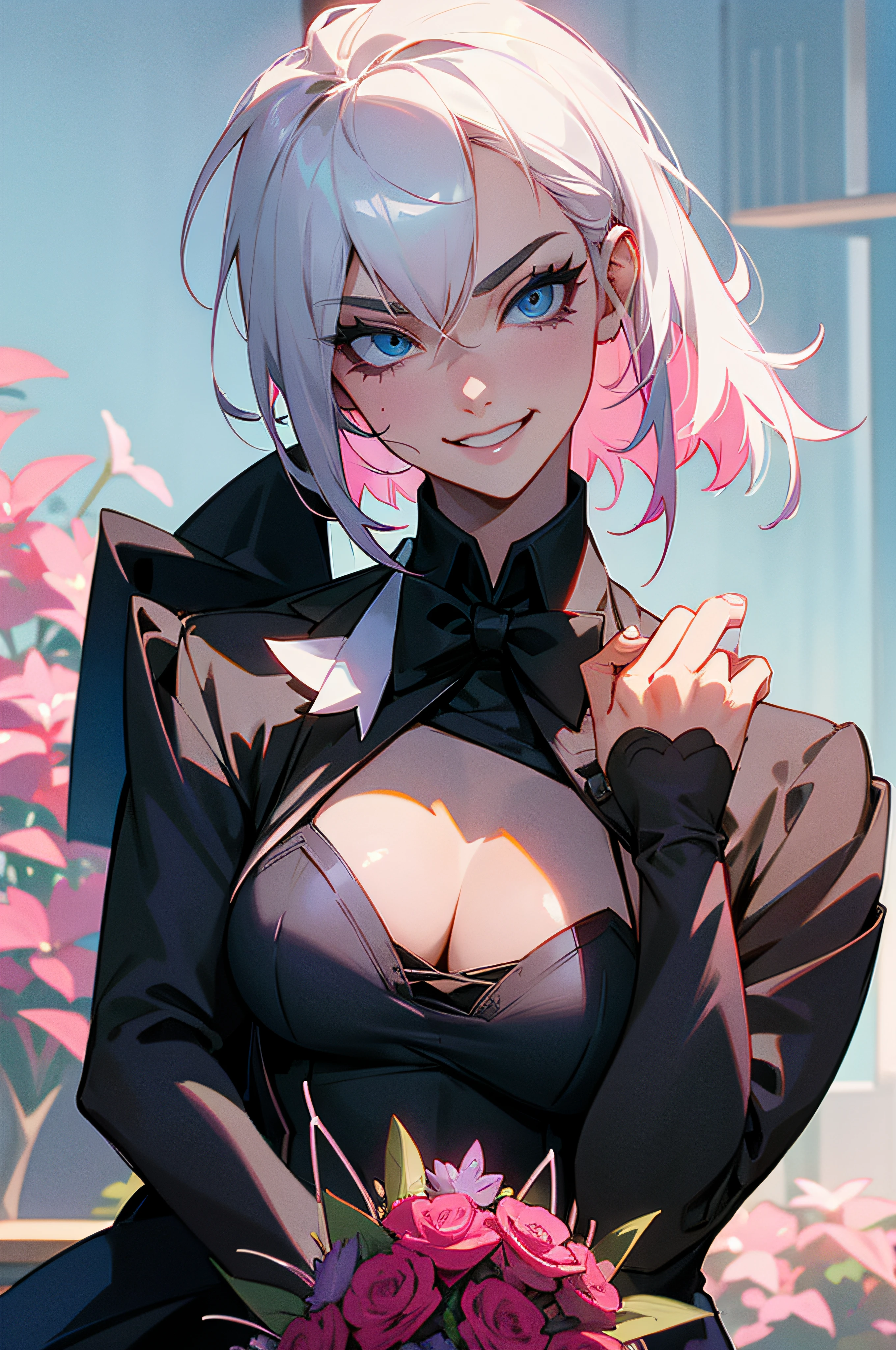 Spidergwen with spiky hair and laughing with giant bouquet of flowers in hand , pretty eyes , whtie bra , wearing black tuxedo suit , masterpiece , shy pose