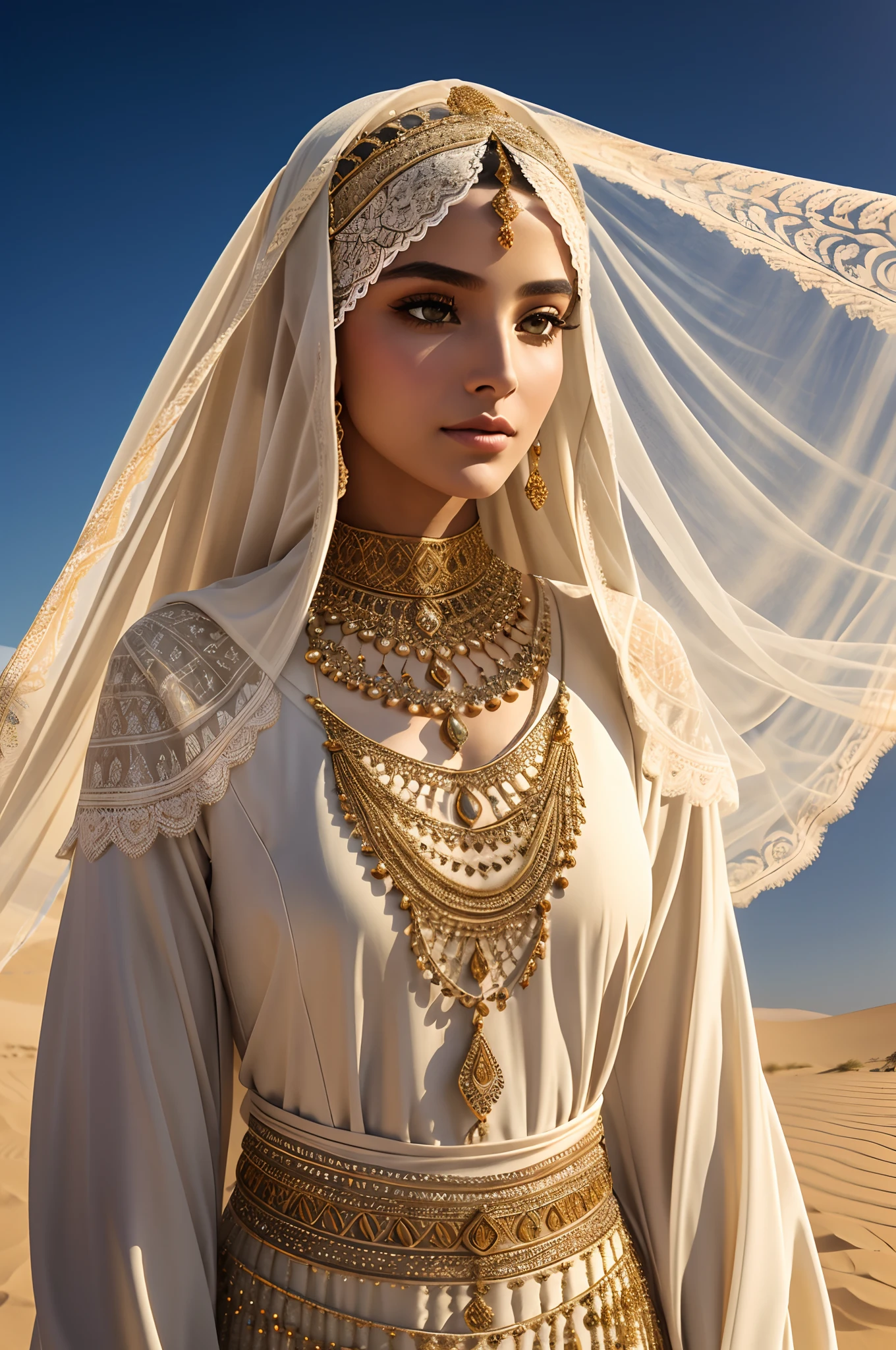 intricate digital illustration of the "Empty Quarter Bride" wearing a modest dress and a face cover, representing the traditional customs and values of the Arabian Peninsula. She is depicted with grace and elegance, symbolizing the beauty that lies beneath the veil.
The bride is dressed in a (flowing, long-sleeved gown)1.2 made from luxurious fabrics, showcasing intricate (embroidery)1.4 and delicate (lace)1.3 details. The dress is designed to cover her entire body, exemplifying modesty and refinement.
Her head is adorned with a (decorative headpiece)1.2, featuring (subtle embellishments)1.3 that complement her attire. A sheer (face cover)1.4 is worn, revealing only her eyes, adding an aura of mystery and intrigue.
Her eyes are captivating, accentuated with (subtle eye makeup)1.2 that highlights their natural beauty. Her lips are adorned with a soft, (neutral shade)1.3, enhancing her features while maintaining a modest appearance.
The background portrays the vast expanse of the Empty Quarter desert, with (sand dunes)1.4 stretching endlessly under a serene sky. The golden hues of the setting sun cast a warm and enchanting glow.
Overall, the illustration celebrates the Empty Quarter Bride's traditional values, showcasing her beauty, grace, and adherence to modesty. It captures the rich cultural heritage of the Arabian Peninsula and the captivating allure of the bride's concealed beauty.