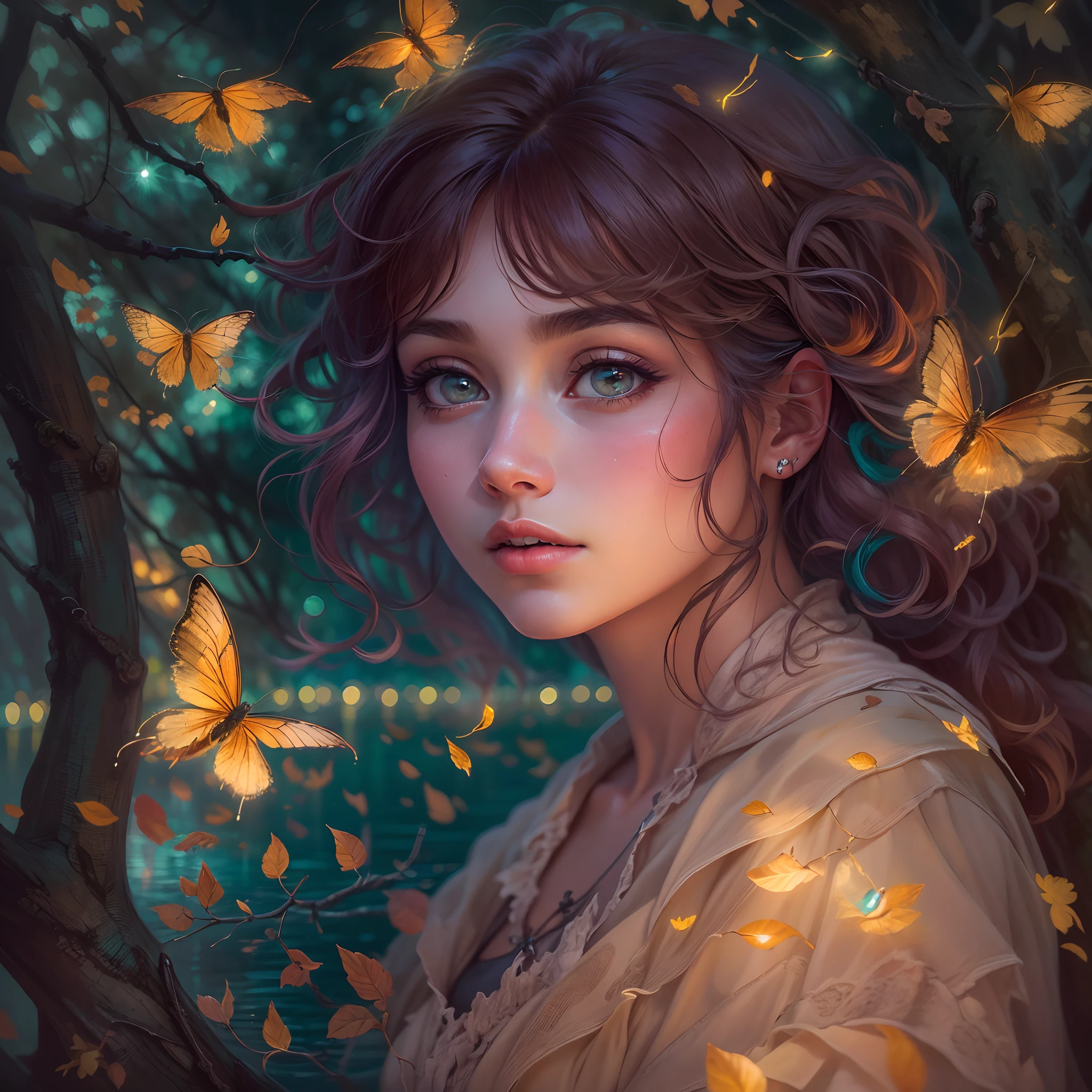 (detailed eyes,detailed lips,extremely detailed eyes and face,long eyelashes),(best quality,4K,8K,high-res,masterpiece:1.2),ultra-detailed,(realistic,photo-realistic:1.37),girl,tree,tree house,autumn light,bird's eye view,nighttime,wideshot,full-body view,nocturnal,wide-angle lens,night light oil painting style,inspired by Alfons Mucha artwork,by the lake,under the moonlight,fireflies
