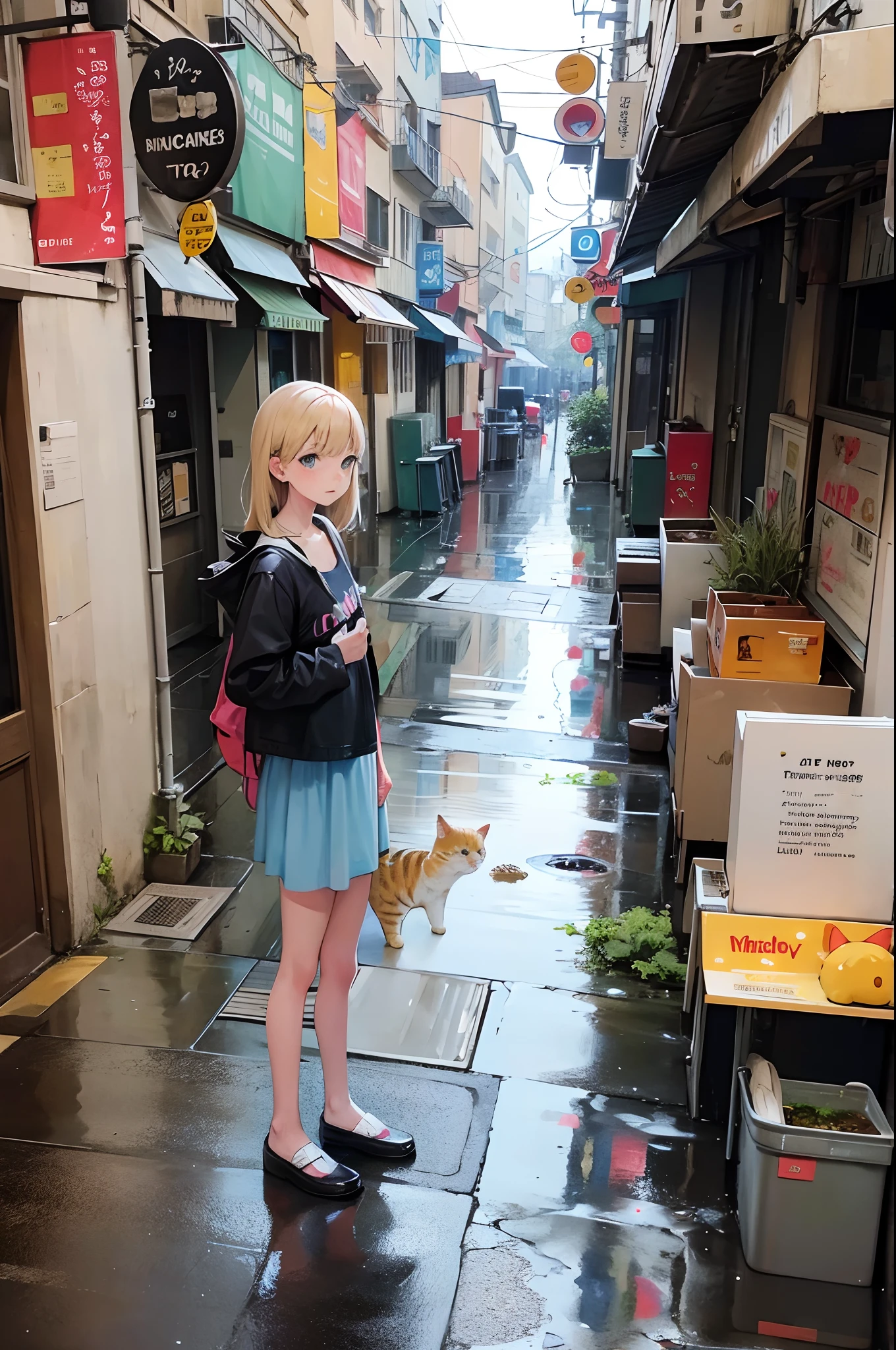 comic strip,Cartoon Split,Storyboard,Kittens looking for food on the street,raining day,water bloom,standing water
