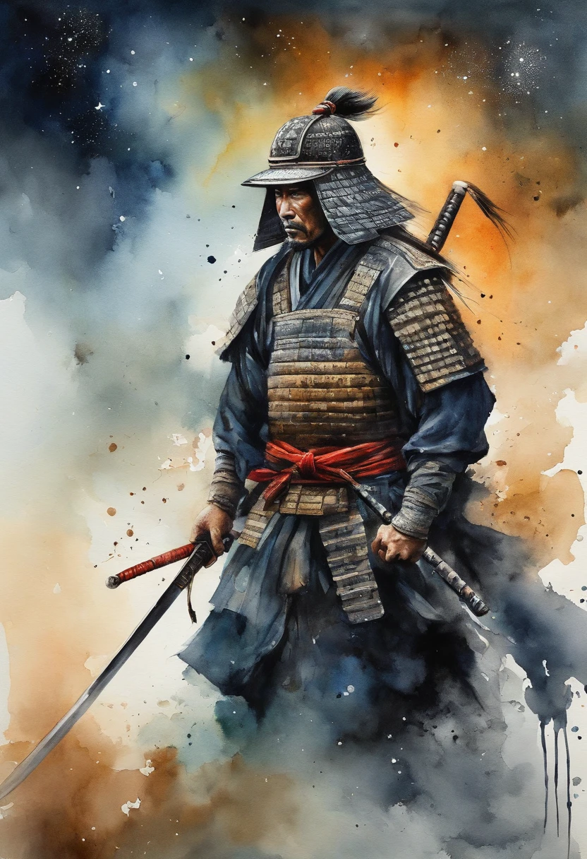 The samurai holds a katana, Starry skies and mist shroud the landscape.