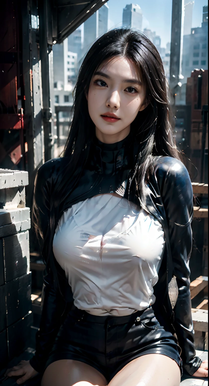 (1girl:1.3), 独奏,__body-parts__, offcial art, 统一 8k 壁纸, ultra - detailed, Beautiful and aesthetic, big breasts beautiful, tmasterpiece, Best quality at best, RAW,tmasterpiece,ultra fine photos,Smile,best qualtiy,超高分辨率,Photoreality,rays of sunshine,full-body portraits,stunningly beautiful,,dynamicposes,delicated face,vibrant eyes,(seen from the front),She wears a futuristic Captain America suit,Blue color scheme,(Shield in hand),A capital letter A on the chest,Very detailed abandoned warehouse background,detailed face with,Detailed and complex busy background,untidy,opulent,milkyW,Highly detailed skin,Realistic details of skin,Visible Pore,tack sharp focus,volume fog,8k uhd,digital SLR camera,high qulity,filmgrain,White skin of the,photo-realism,lomography,Huge metropolis in a dystopia of the future , look from down, semi transparent