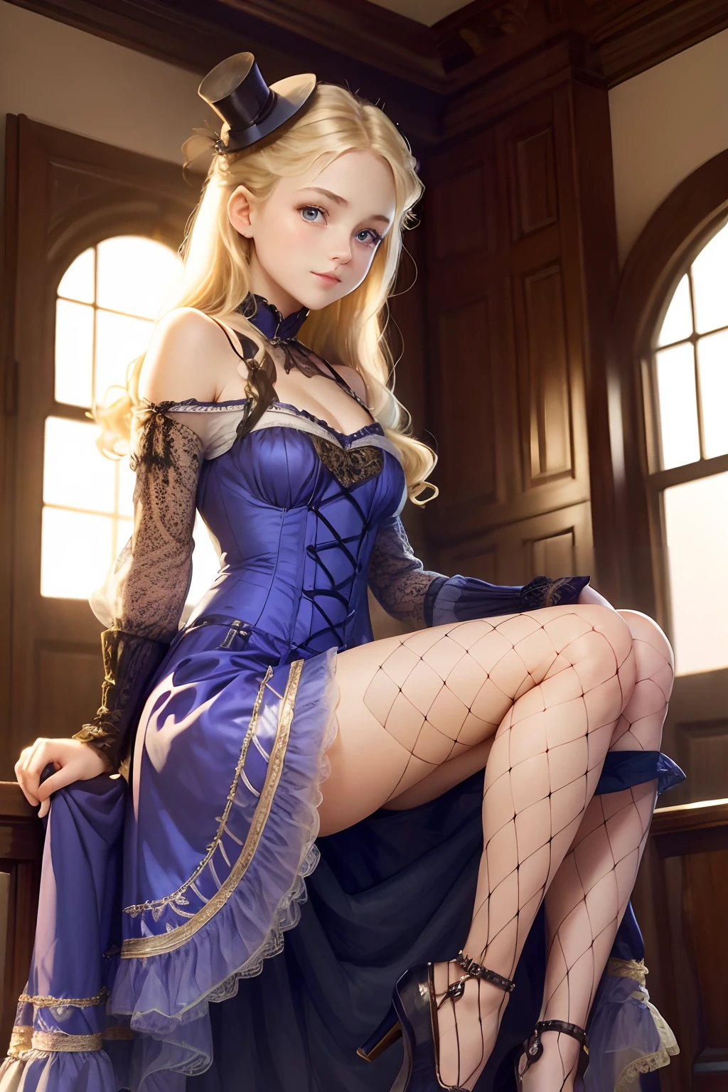 village realisticlying、Virginia Otis 15-year-old blonde hair blue eyes、City of victorian age, Europe. aristocrat girl、Looking up from below、 wear long sleeve sheer fabric dress、Various sexy poses、Face smile、Depicts the whole body、