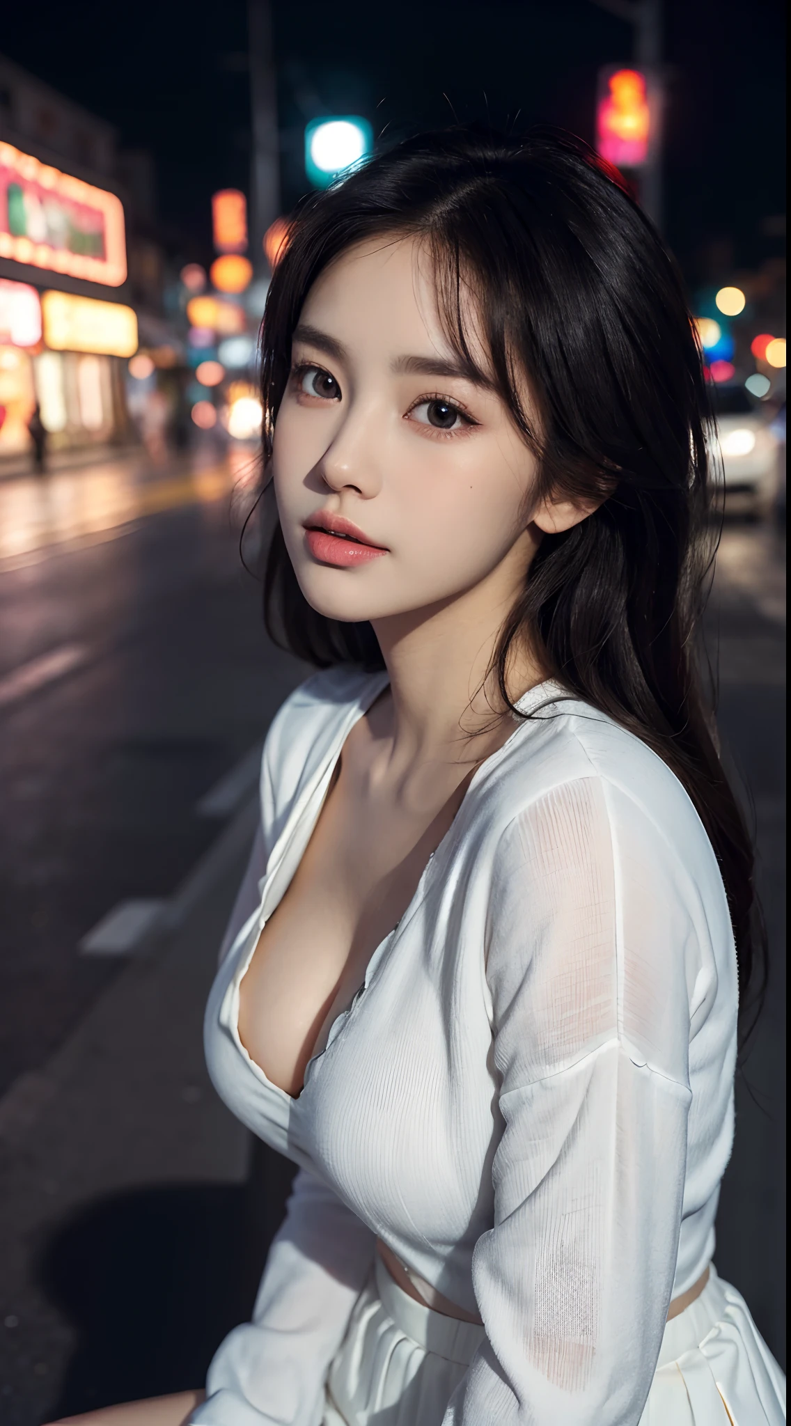 (Best quality,16k,A high resolution,Masterpiece:1.2),Ultra-detailed,(Realistic,Photorealistic,photo-realistic:1.37),Korean fashion beauty,Japanese and Korean beauties,cute and innocent,Detailed eyes and face,beautiful detailed lips,White teeth,Long eyelashes,slimification,fashionable in dressing,Shorts short skirt,Plump upper circumference,Large breasts,cleavage,(Lovely,Charming:1.1),Colorful street background,Stylish clothes and accessories,The fabric of the clothes is smooth,Portrait style photography,Vivid colors,Street lights.