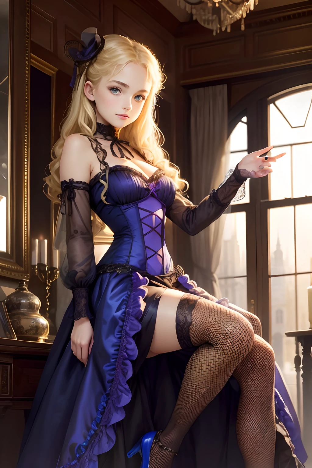 village realisticlying、Virginia Otis -yeld ble hair blue eyes、City of victorian age, Europe. aristocrat girl、Looking up from below、 wear long sleeve sheer fabric dress、Various sexy poses、Face smile、Depicts the whole body、
