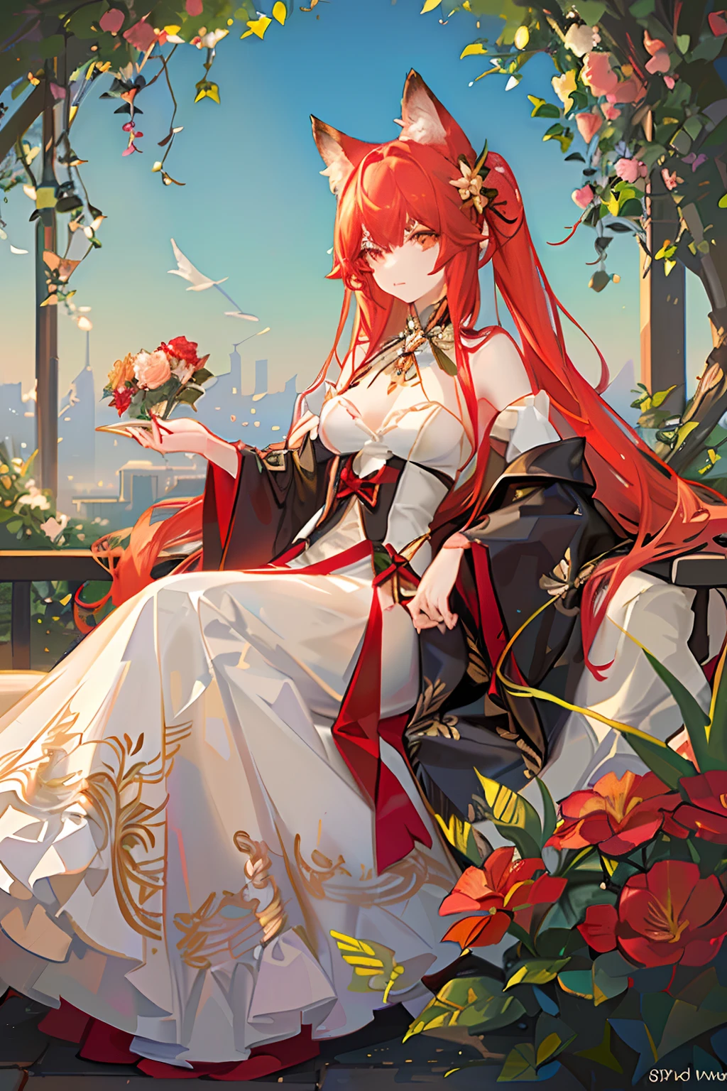 Red long-haired，Red fox ears，Golden eyes，trpical garden，florals