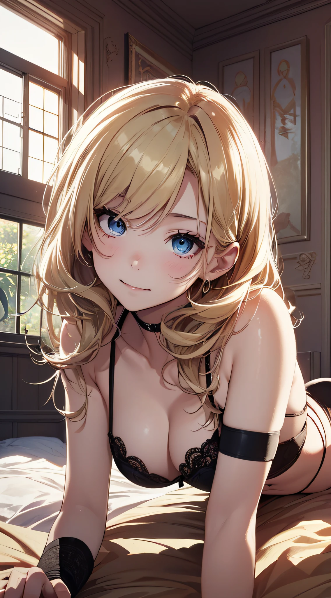 top-quality、Top image quality、masterpiece、girl with((18year old、 White underwear、Best Bust、Bust 85、a blond、Semi-long、Blue eyes、open chest wide、Valley、Happiness、Black wristband on wrist、A slender、耳Nipple Ring、Naughty face、On all fours、on the beds、Get closer to your audience))hiquality、Camera Film Style、Background with((A room with beautiful sunlight))、masutepiece、cool style、Elaborate design、visualart