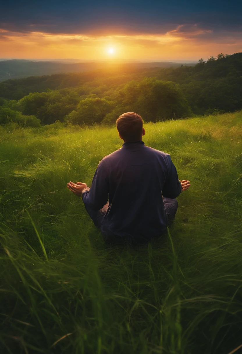 A person in prayer and in tune with God in the grass and with the sky full of galaxies image in 4k and realistic