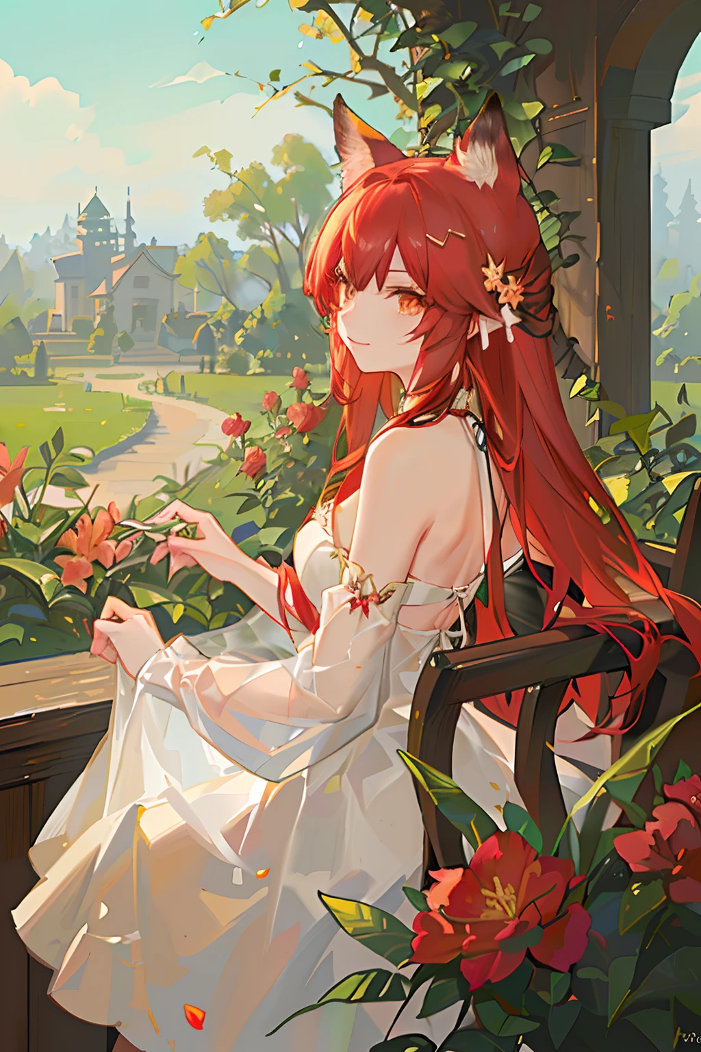 Red long-haired，Red fox ears，Golden eyes，trpical garden，florals