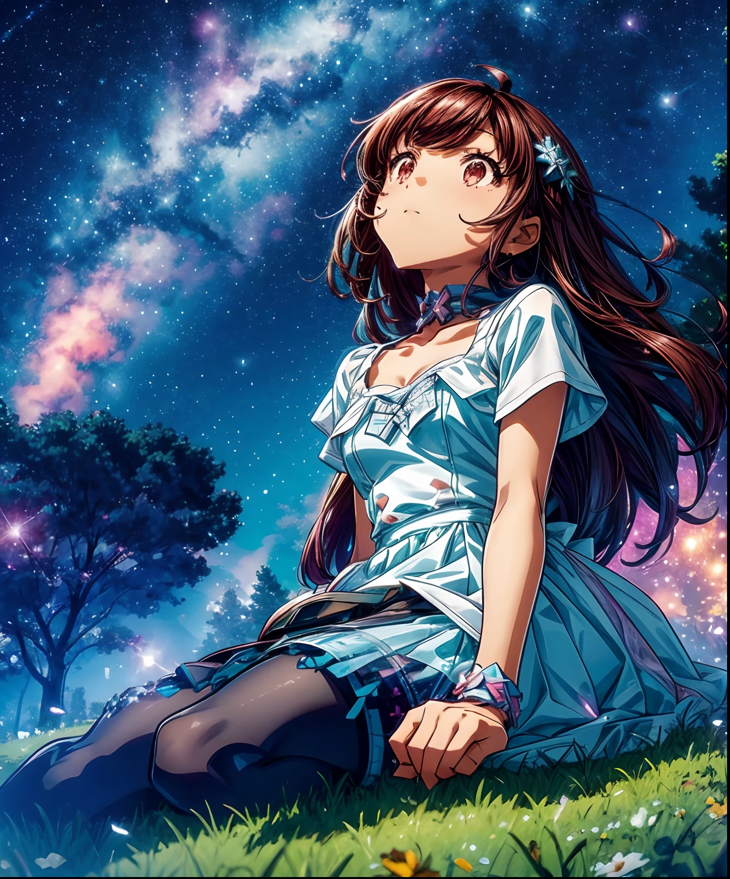 Describe a scene where a cute girl character is lying on a grassy hill, Looking up at the starry sky. Surround her with colorful nebulae and her favorite constellations.