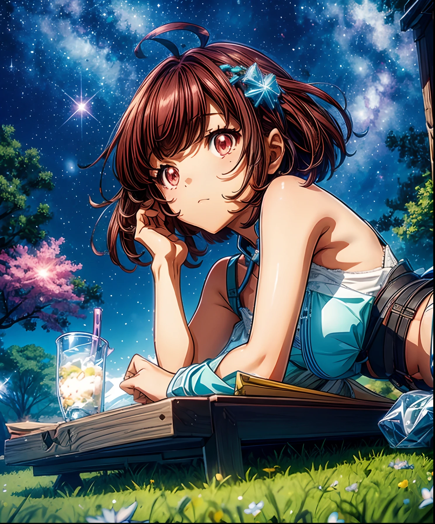 Describe a scene where a cute girl character is lying on a grassy hill, Looking up at the starry sky. Surround her with colorful nebulae and her favorite constellations.