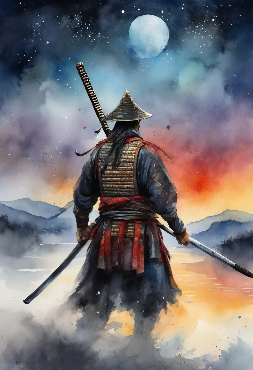 The samurai holds a katana, Starry skies and mist shroud the landscape.Face the audience