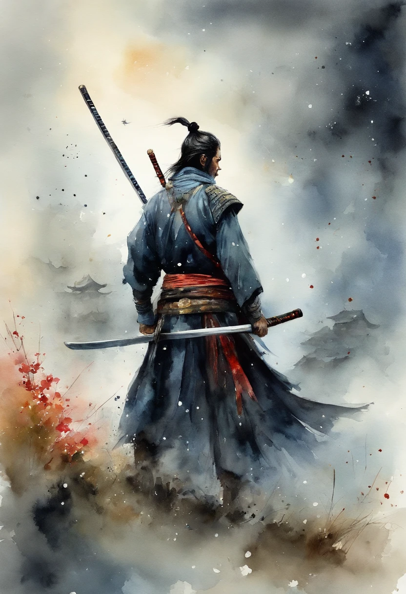 The samurai holds a katana, Starry skies and mist shroud the landscape.