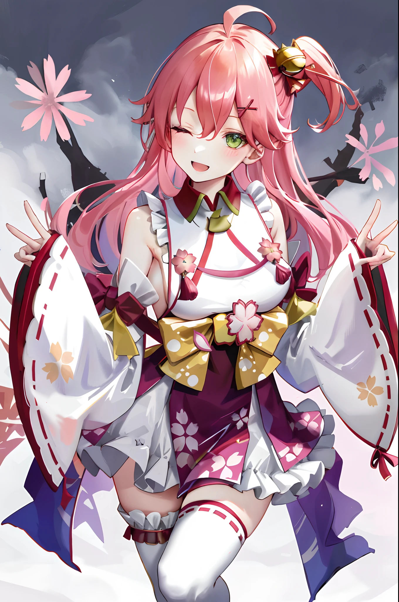 masterpiece, best quality, highres, miko1, sakura_miko, 1girl, green eyes, solo, ahoge, x_hair_ornament, pink_hair, floral print, hairclip,side_less_clothes, (sideboobs:1.4), hair_bell, floral print, long_hair, hair between eyes, one side up, white thighhighs, asymmetrical legwear, wide sleeves, open_mouth,happy,close_eyes, smile,jumping,rising_leg,plump,apart_legs,(overly_long_sleeves:1.1),(beautiful_fingers),sleeves_past_wrists,hands_hidden_sleeves