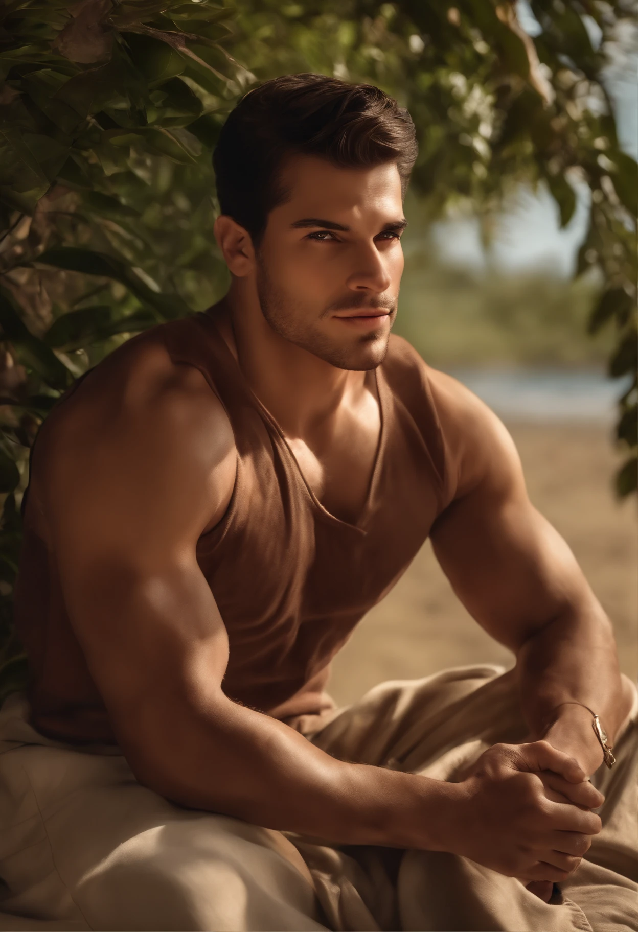 (best quality,Altas),homem sentado,(Realistic,fotorrealista:1.37),Detailed face and expression,olhos gentis,sorriso sutil,Classic portrait style,tons de cores quentes,Smooth and uniform lighting,roupas detalhadas,calm and peaceful atmosphere