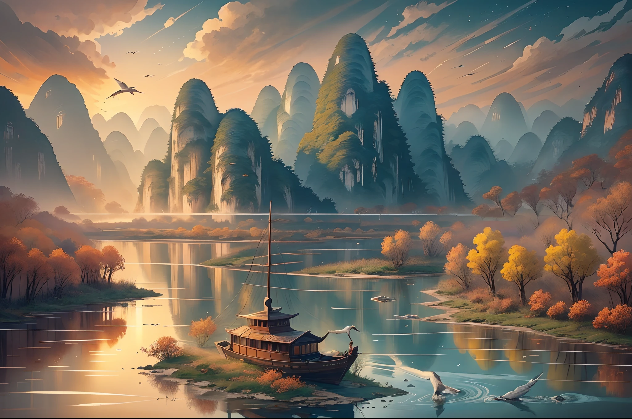（best qualtiy:1.2），Ink landscape painting style，Autumn in the landscape of Guilin。Sunset Dusk, China，Lonely boat in the mountains，((A lonely wild goose flying in the sky))，（There is no one in the picture）。