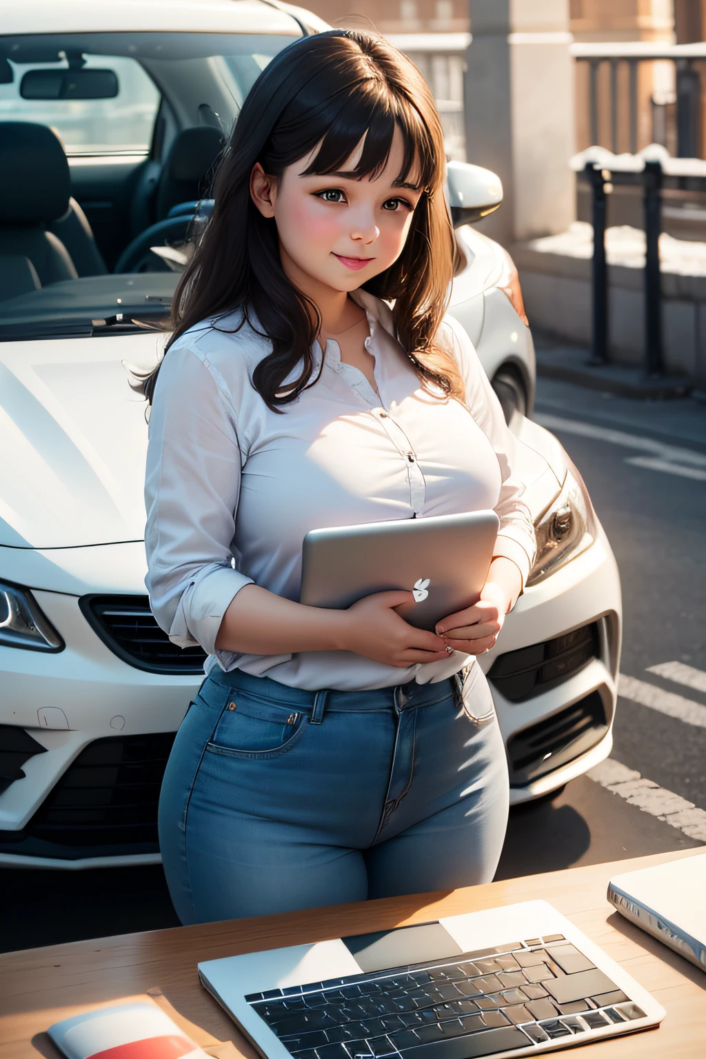 Simply beautiful, Ordinary life, Russian chubby woman, Smart, Problems Solving Experience Smile Drawing, white car, laptop