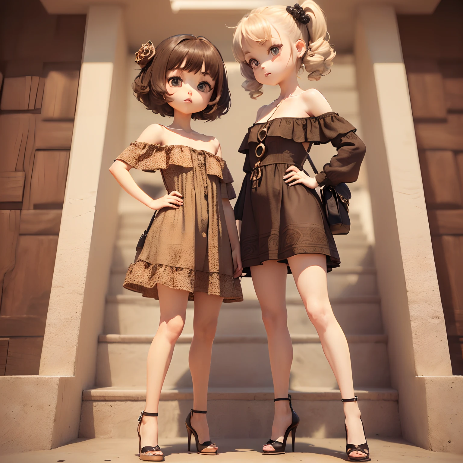 Cute Chibi Anime,(((Chibi 3D))) (Best Quality) (Master Price)、Sauvage Hair、(Brown Jasper Pattern Off Shoulder Dress:1.4)、Put one hand on your hip、Stand with your legs open、high-heels、Shoulder bag、long stairs、a small face、petibody(Chibi:1.4)