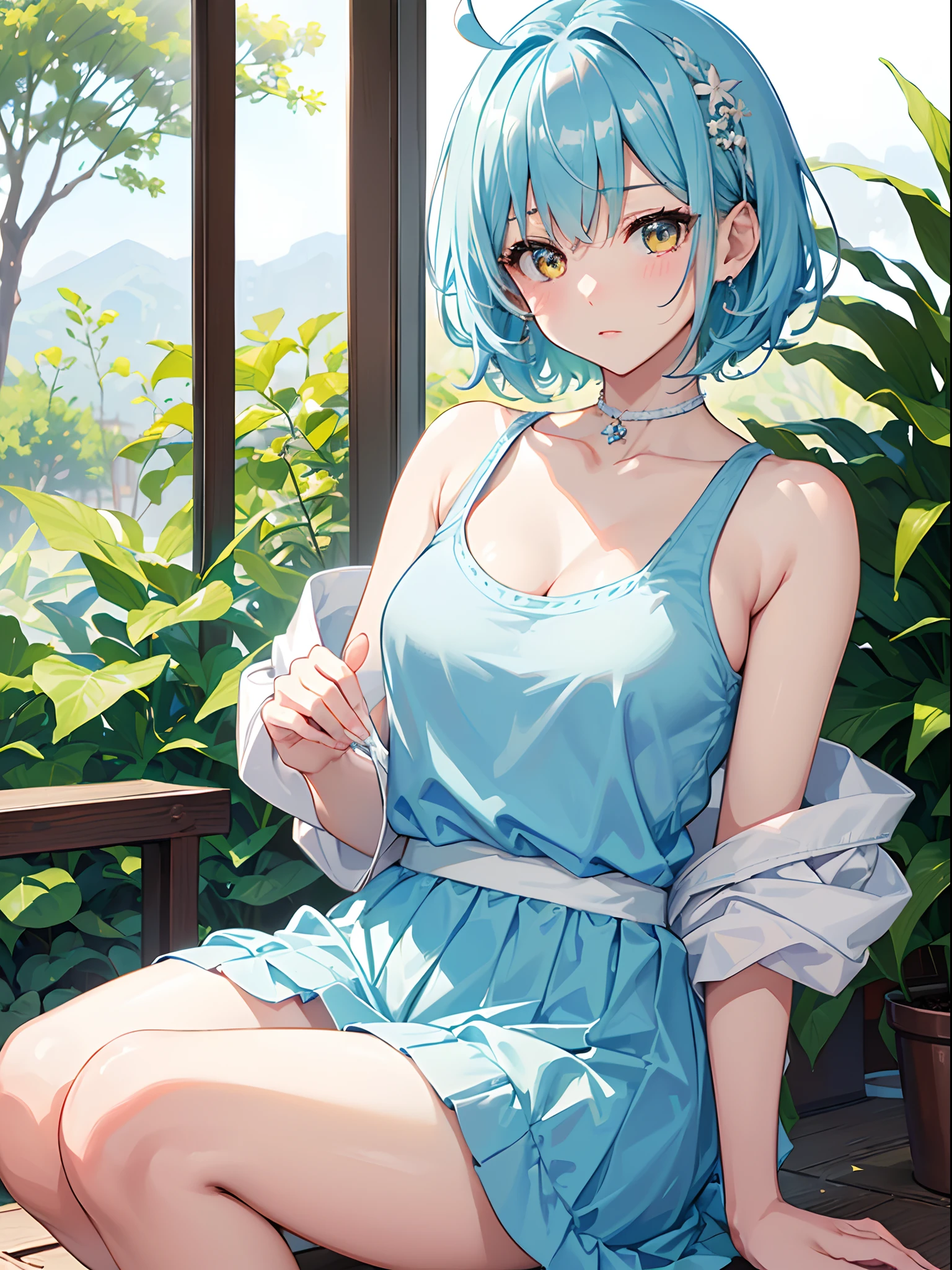 1 girl , short hair, light blue hair, camisole, dress, shoulder, smiling, happy, blush, tilting head, looking at the camera, sitting, benches, park, glowing, sidelighting, wallpapers,