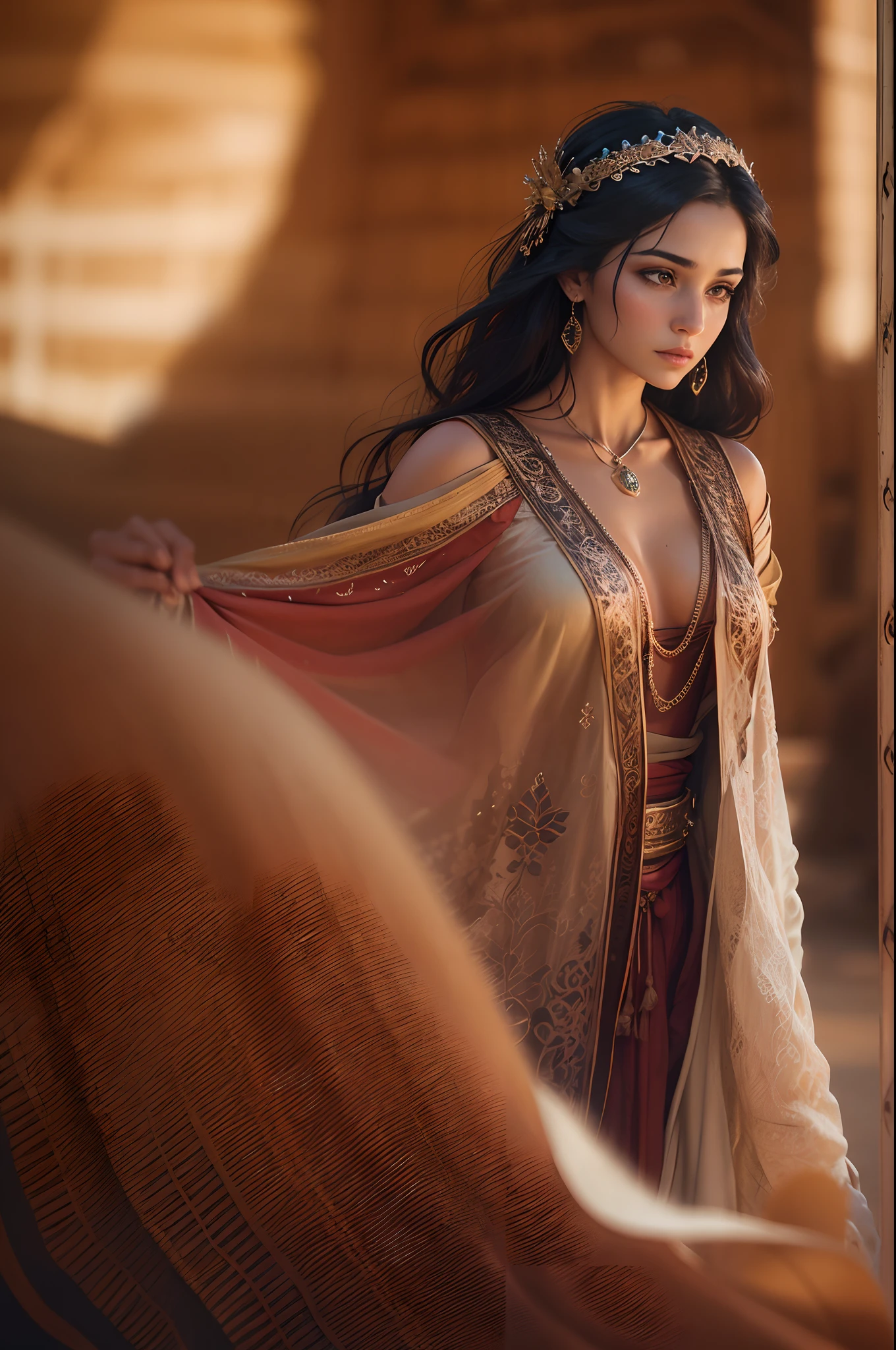 Elegant and charming image, Powerful and mysterious Arab woman, Her flowing hair fluttered in the flowing desert breeze. She wields a gorgeous bow, Decorated with intricate decorations and ornate designs. sunrays casting long shadows, Highlight the delicate beauty of women,Evoke a sense of mystery and connection. The shallow depth of field isolates women from the desert environment, Emphasize the strong connection between the two. Shallow depth of field, Soft lighting, portrait lens