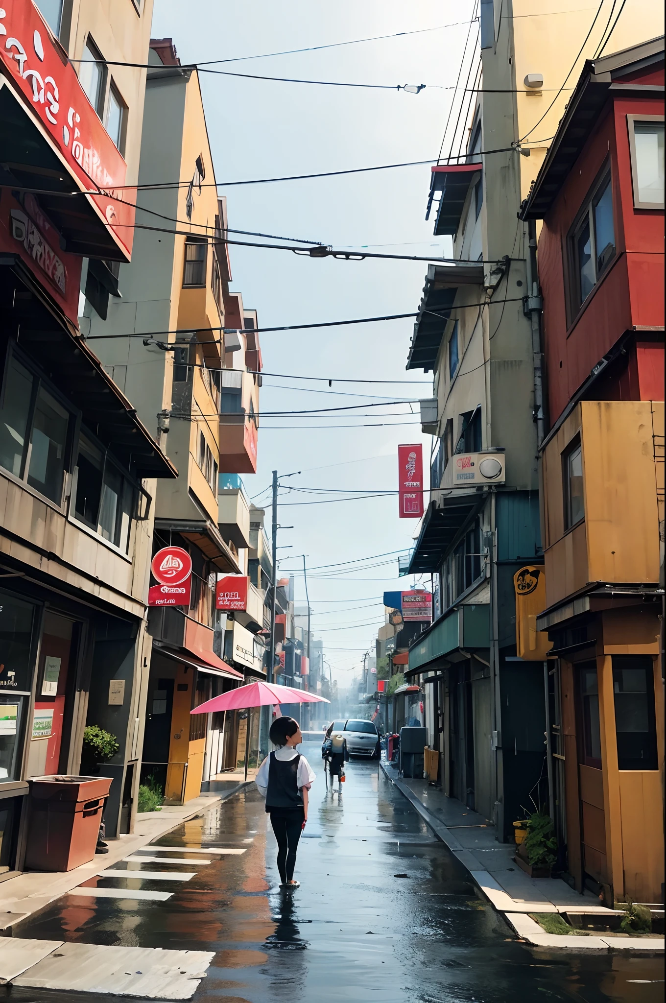 comic strip，Cartoon Split，Storyboard，Street side，baby cats，telephone poles，trash cans，raining day，water bloom，standing water