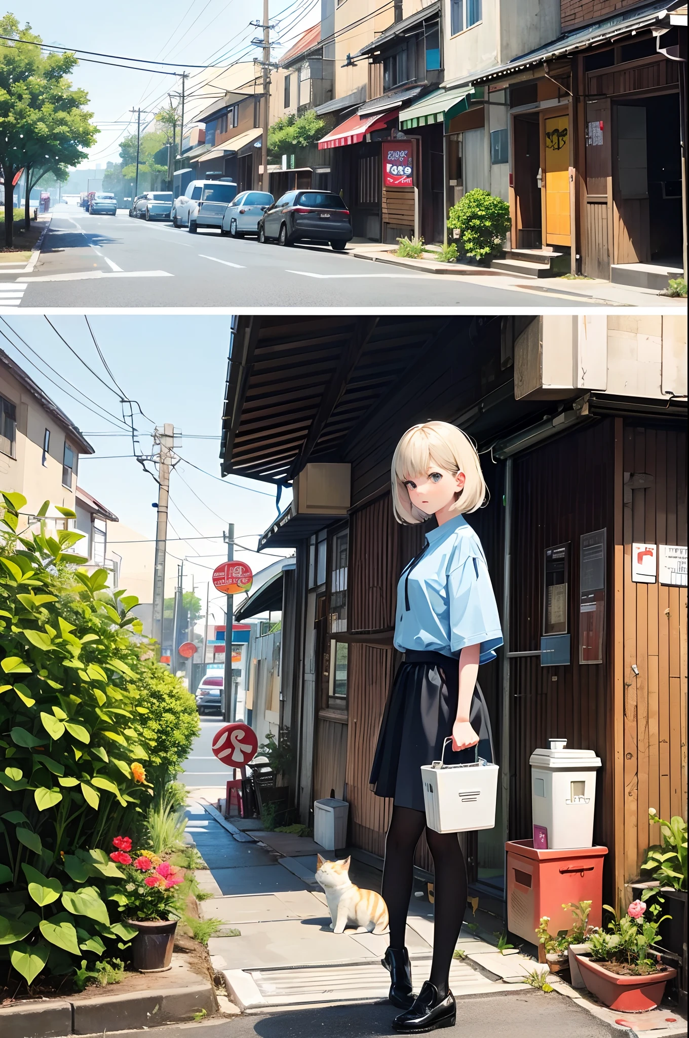 comic strip,Cartoon Split,Storyboard,Street side,baby cats,telephone poles,trash cans,raining day,water bloom,standing water