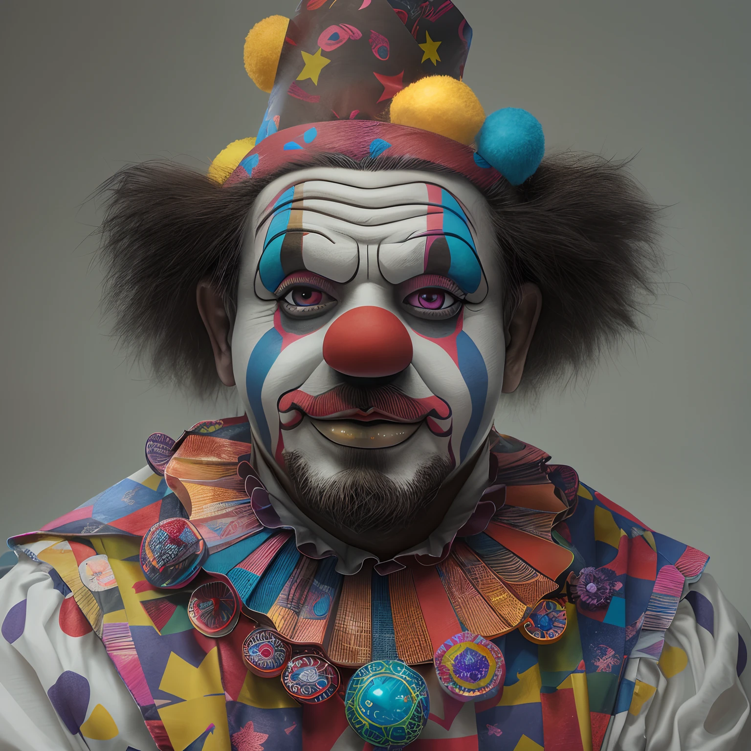 tmasterpiece, clown, snook, colorful eyes, Dwarf, 20-meter body, super realism, super handsome, Solid light, black skin, 8K