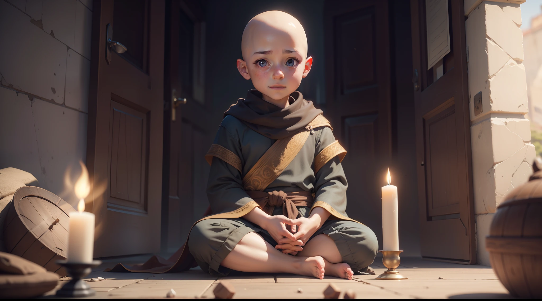 Bald  sitting on the ground，There is a candle in front of him, Cute digital painting, childrens art in artstation, wojtek fus, Ross Tran 8 K, Personagem pequeno. Unreal Engine 5, Rosla global lighting, 3 D rendering character art 8 K, concept art of a monk, smooth 3d cg render, ，ssmile，he is greeting you warmly