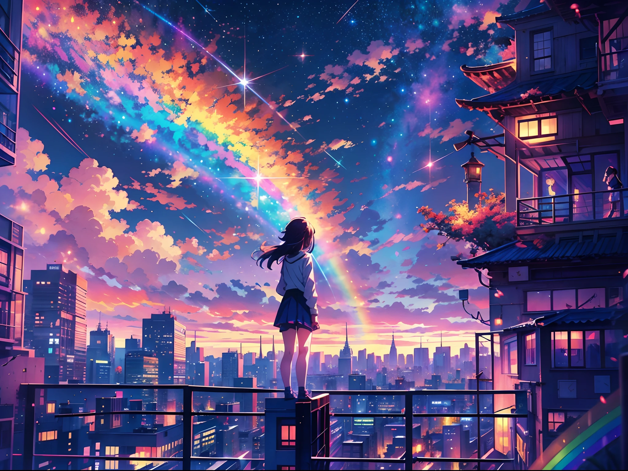 anime girl standing on rooftop looking at night sky with stars and rainbow, rainbow starry night, anime wallpaper 4k, anime wallpaper 4 k, 4k anime wallpaper, anime art wallpaper 8 k, anime art wallpaper 4k, anime art wallpaper 4 k, anime style 4 k, makoto shinkai cyril rolando, 4 k manga wallpaper, anime wallpaper, amazing wallpaper, shooting stars