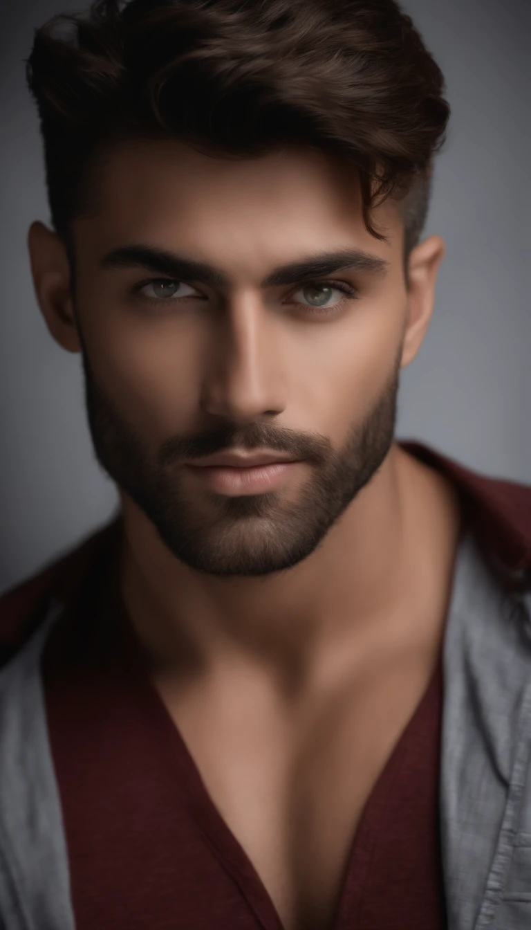 (best quality,4k,8k,Altas,master part:1.2),ultra-detalhado,(Realistic,fotorrealista,photo-realistic:1.37),macho,Homem de 26 anos,barba detalhada,piercing gaze at the camera,Olhos bonitos,olhos expressivos,natural sunlight,sombras sutis,maxilar forte,olhar intenso,Cabelos escuros,pose elegante,confident expression,studio lighting,foco nítido,vivid colors,Bokeh,fotografia de retrato