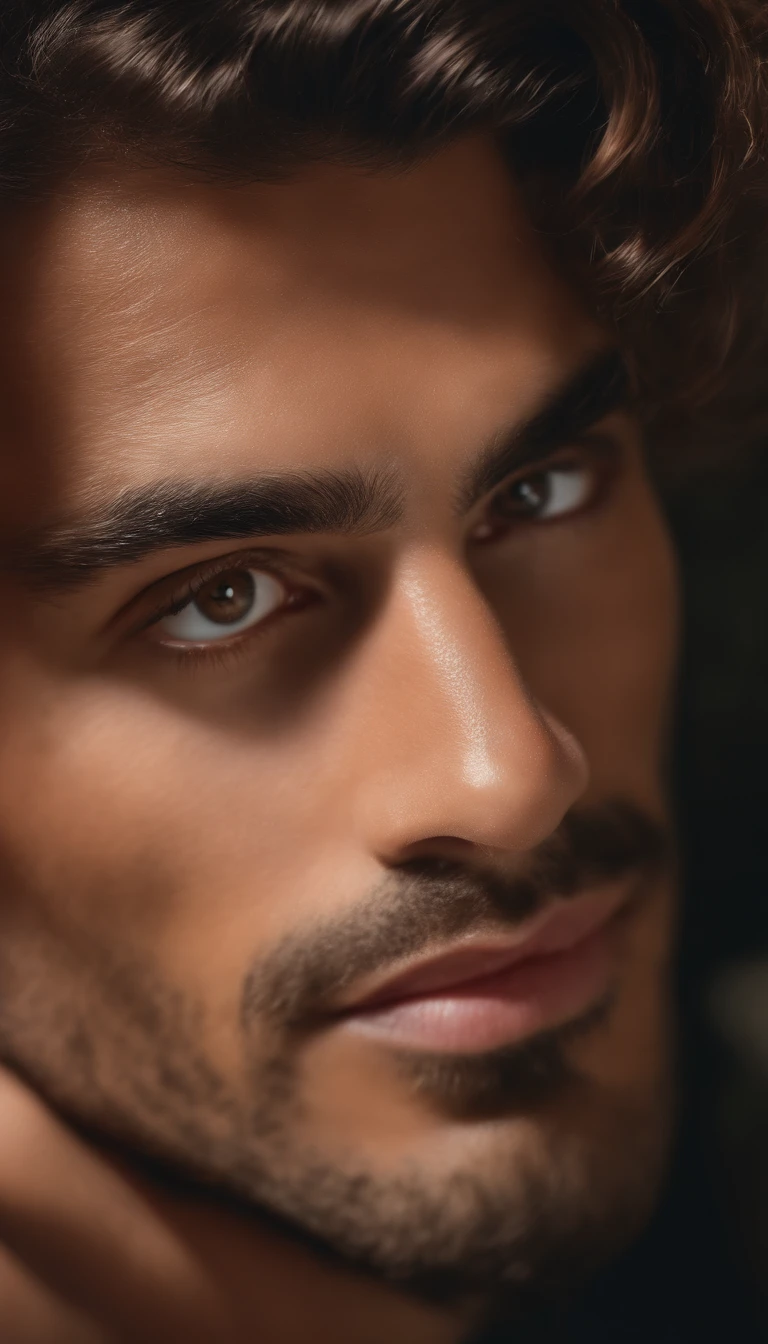 (best quality,4k,8k,Altas,master part:1.2),ultra-detalhado,(Realistic,fotorrealista,photo-realistic:1.37),macho,Homem de 26 anos,barba detalhada,piercing gaze at the camera,Olhos bonitos,olhos expressivos,natural sunlight,sombras sutis,maxilar forte,olhar intenso,Cabelos escuros,pose elegante,confident expression,studio lighting,foco nítido,vivid colors,Bokeh,fotografia de retrato