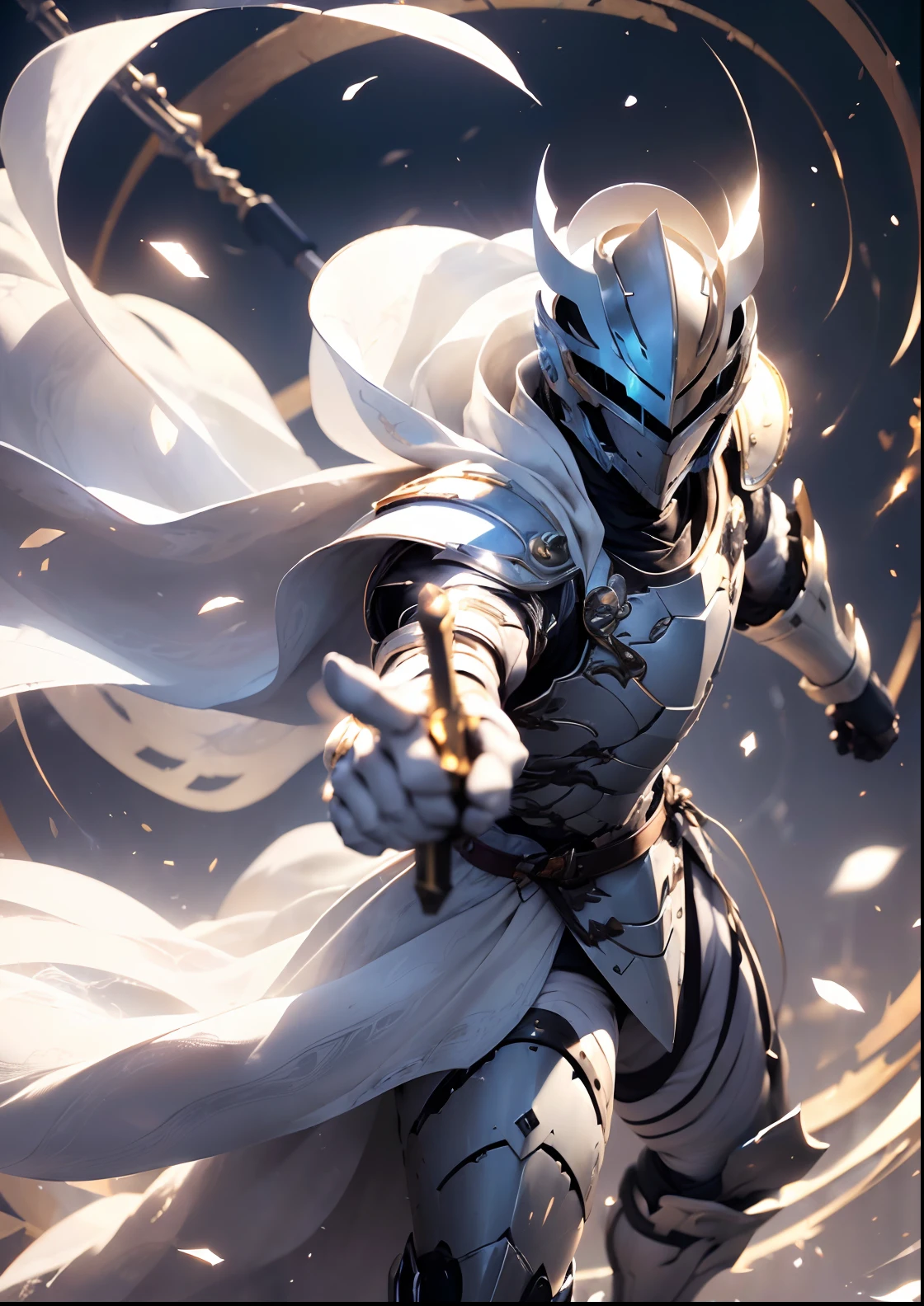 (absurdres, highres, ultra detailed), masterpiece, best quality, a boy in a white jacket, holding a sword, solo, handsome, short hair, white hair, detailed face, combat stance, attack pose, wielding sword pose, abstract background, swirl, spark, magic vortex, (((perfect helmet))), (((perfect body armour))), (((lighting:1.5))), ((hyperrealistic:1.5)), ((((midjourney5.1 : 1.5))))