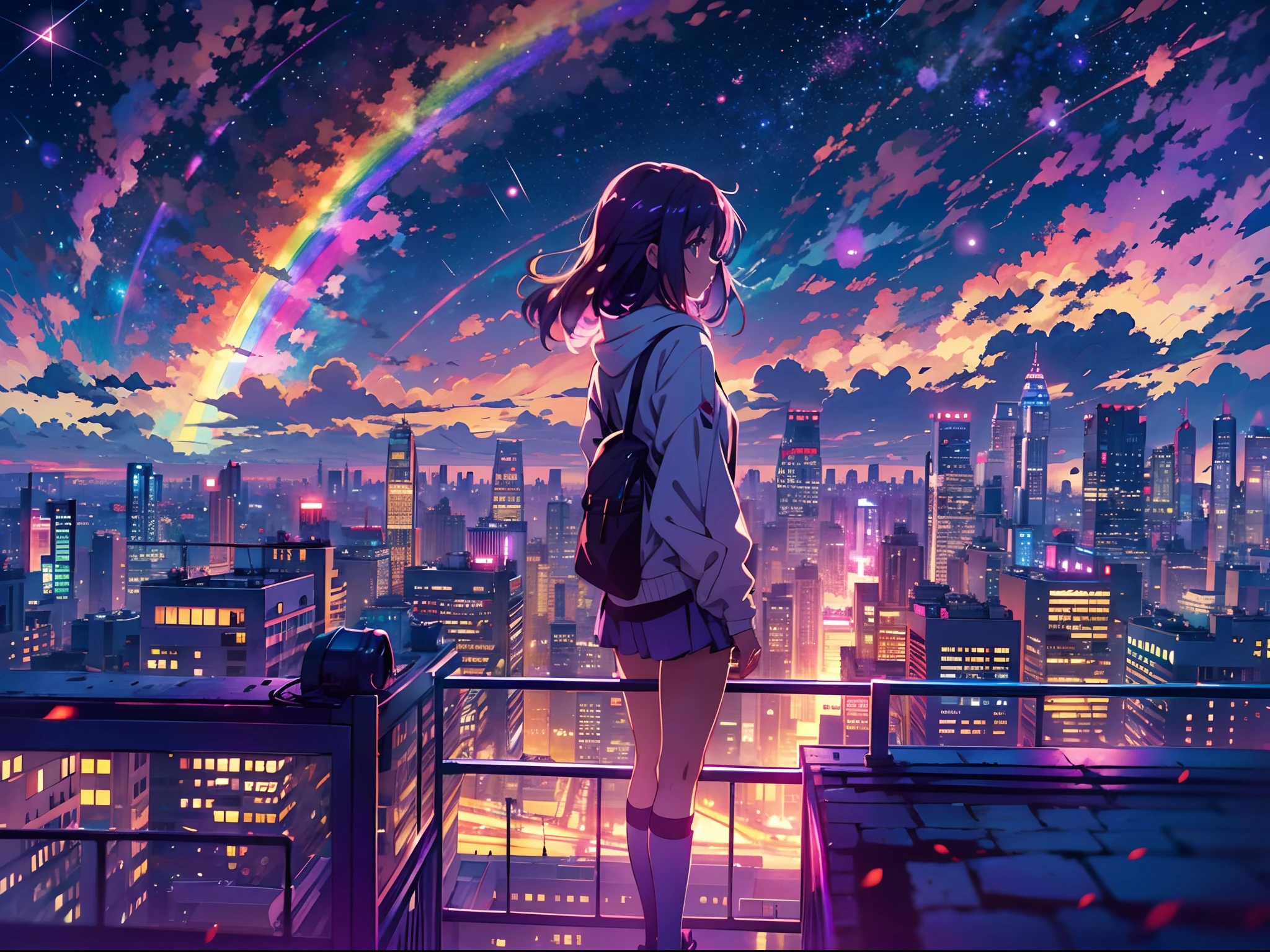 anime girl standing on rooftop looking at night sky with stars and rainbow, rainbow starry night, anime wallpaper 4k, anime wallpaper 4 k, 4k anime wallpaper, anime art wallpaper 8 k, anime art wallpaper 4k, anime art wallpaper 4 k, anime style 4 k, makoto shinkai cyril rolando, 4 k manga wallpaper, anime wallpaper, amazing wallpaper, shooting stars