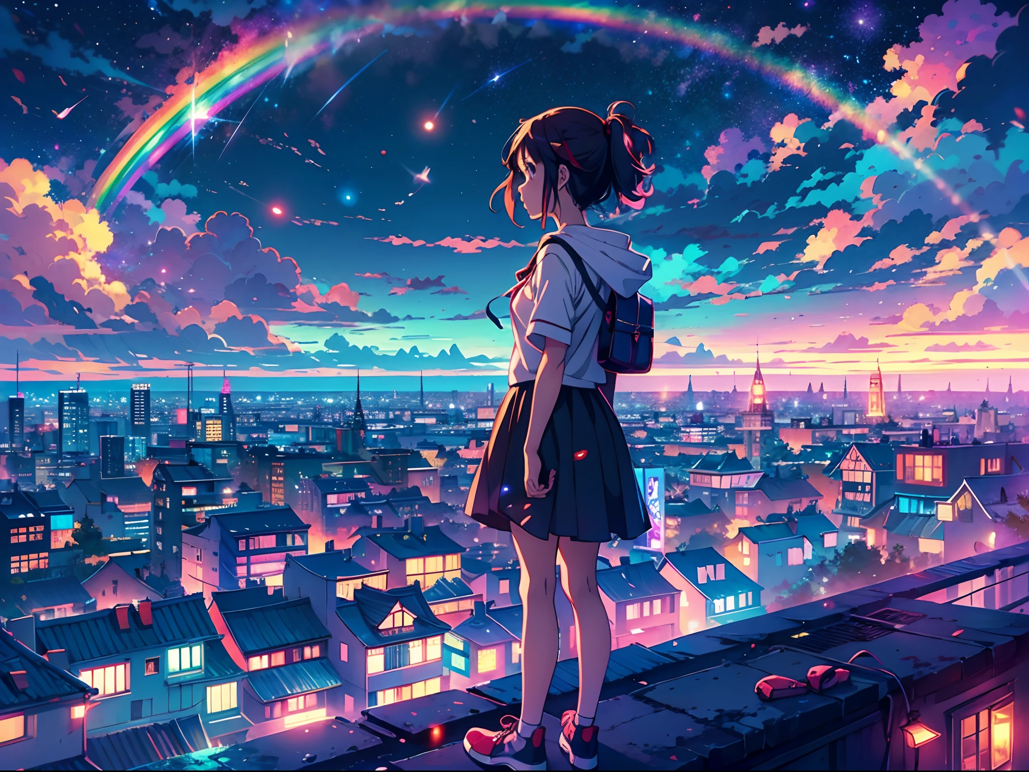 anime girl standing on rooftop looking at night sky with stars and rainbow, rainbow starry night, anime wallpaper 4k, anime wallpaper 4 k, 4k anime wallpaper, anime art wallpaper 8 k, anime art wallpaper 4k, anime art wallpaper 4 k, anime style 4 k, makoto shinkai cyril rolando, 4 k manga wallpaper, anime wallpaper, amazing wallpaper, shooting stars