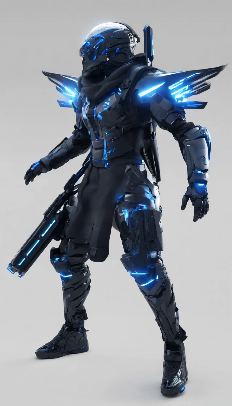 A warrior with wings spread a gloomy, dark smoke setting , clear face, flowing blue streaks, particles, mecha helmet,