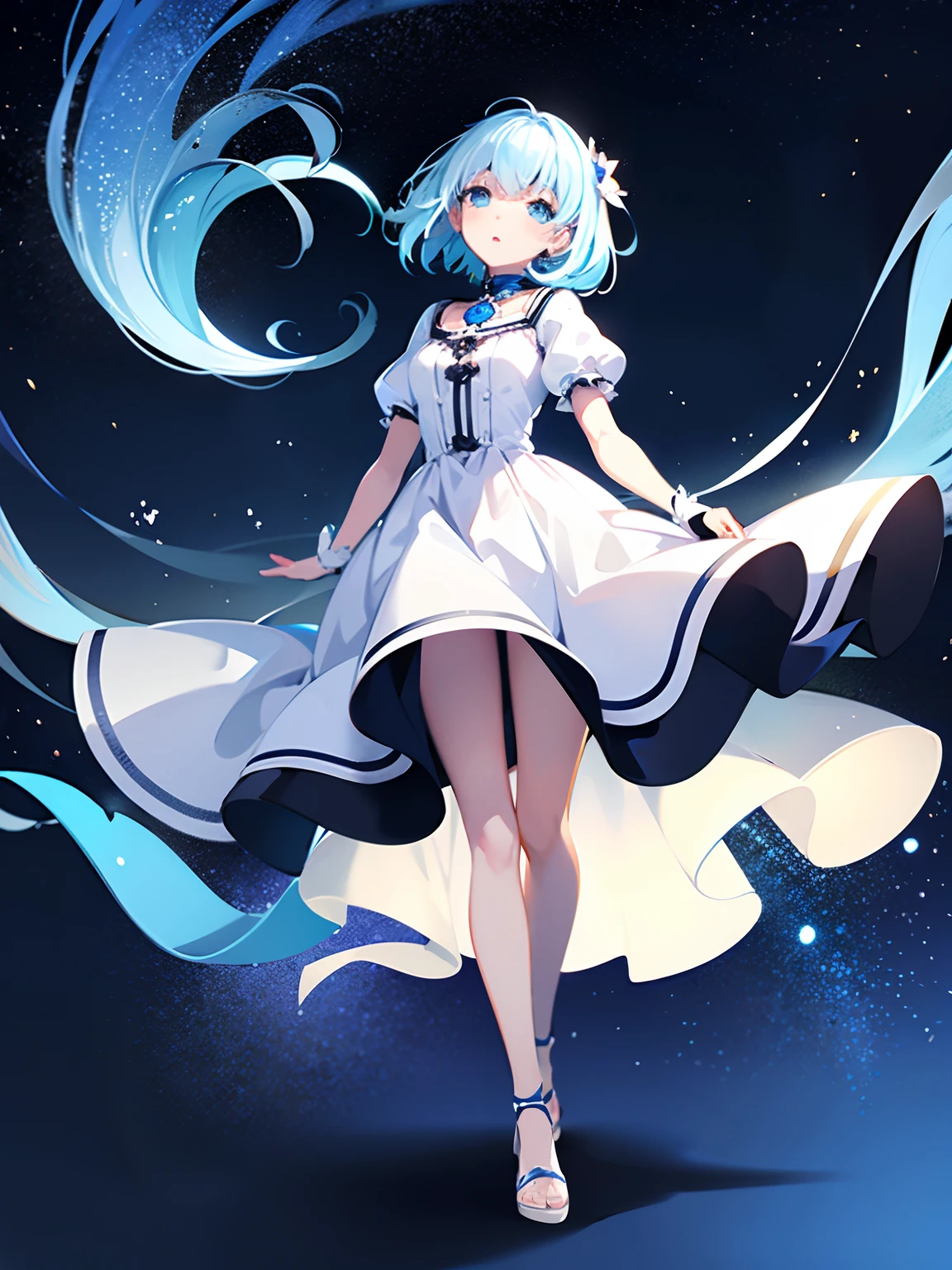 Illustration Neat and clean girl、Fantastical 、blue-sky 、Back lighting、 Gentle face、Black girl in white dress looking up at the sky、 full body Esbian、Beautiful detailed sky with shining stars,full body Esbian、Twinkle、 Low Angle Super Long Shot