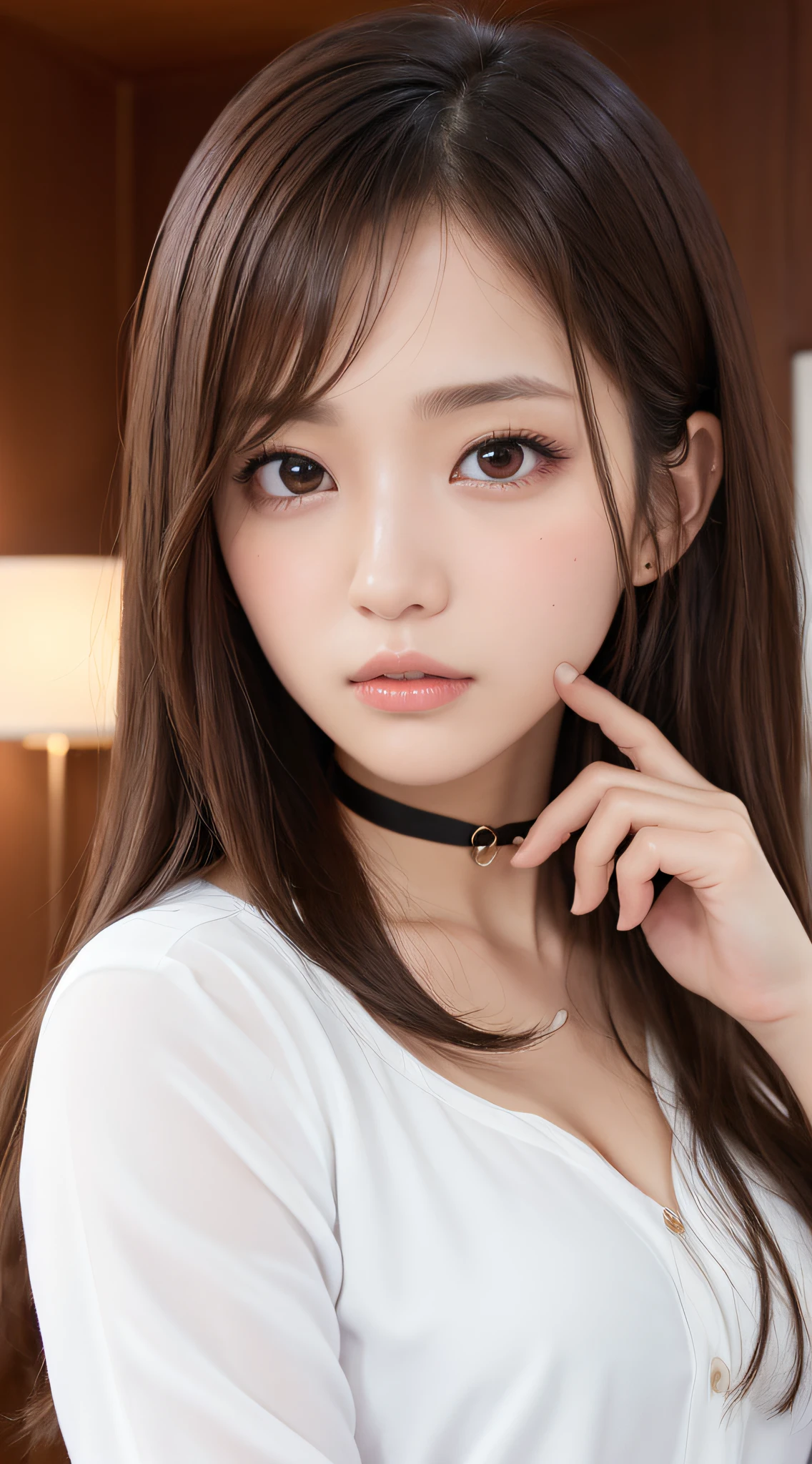 1womanl, (up of face:1.5), light brown hair, Blunt bangs, hair behind ear, hair over shoulder, Long hair, Ultra Fine Face, Thin face, Delicate lips, (beautidful eyes:1.5), thin blush, eyes are light brown,View here, Ultra-thin hands, Ultra-fine fingers, best ratio four finger and one thumb, white jaket, a choker ,Port Area ,One-person viewpoint,  8K, masutepiece, nffsw, Super Detail, High quality, Best Quality, hight resolution,