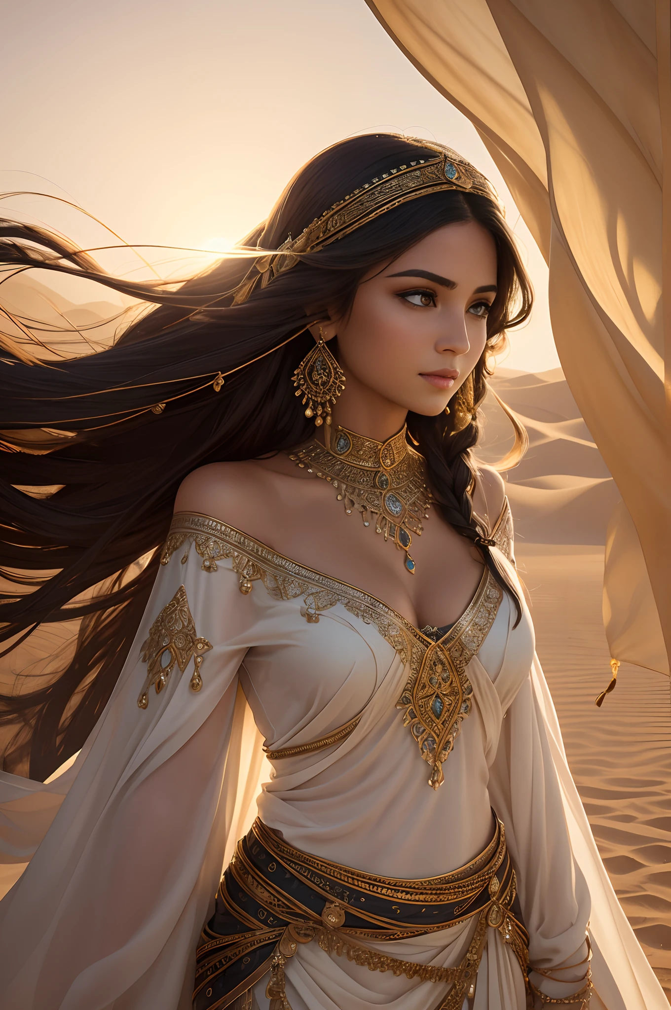 Elegant and charming image, Powerful and mysterious Arab woman, Her flowing hair fluttered in the flowing desert breeze. She wields a gorgeous bow, Decorated with intricate decorations and ornate designs. sunrays casting long shadows, Highlight the delicate beauty of women，Evoke a sense of mystery and connection. The shallow depth of field isolates women from the desert environment, Emphasize the strong connection between the two. Shallow depth of field, Soft lighting, portrait lens